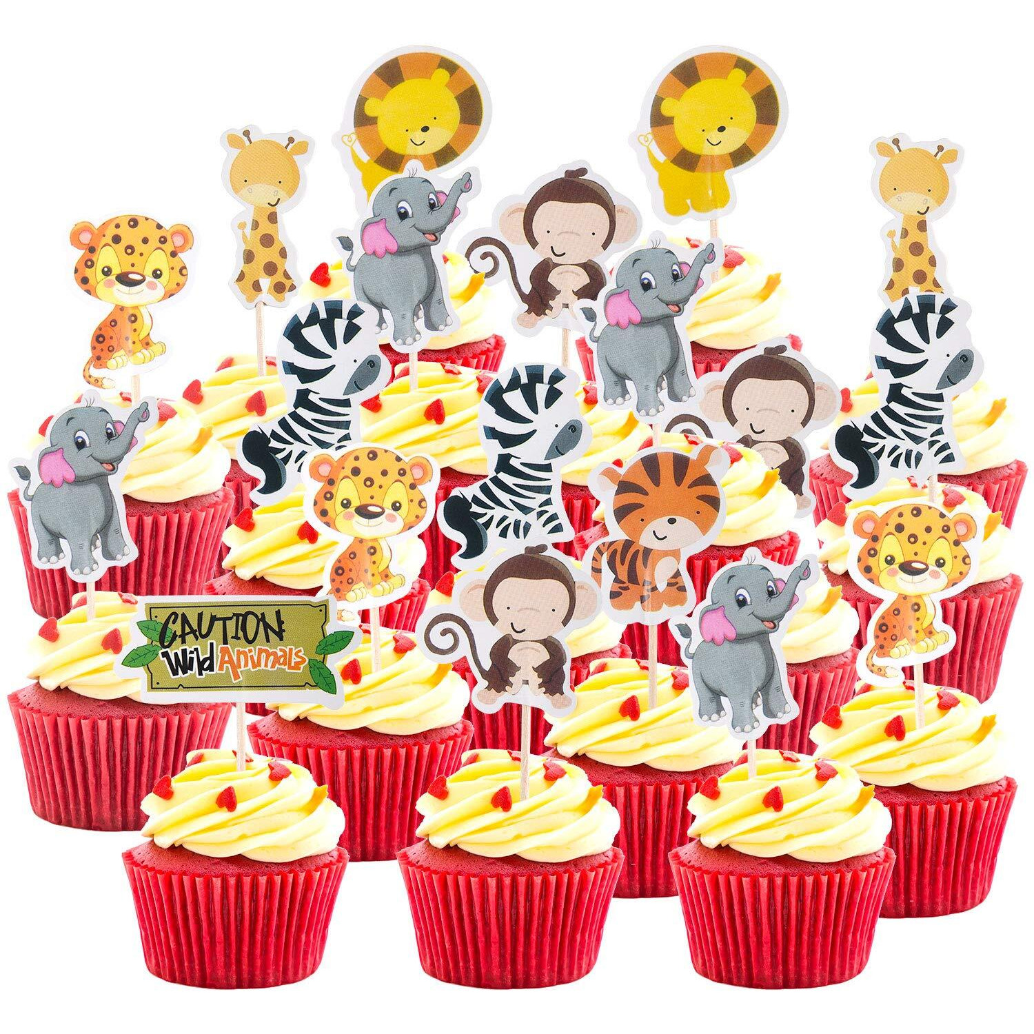 96 Pieces Safari Cupcake Toppers Jungle Animal Cupcake Picks Tiger Zebra Monkey Leopard Elephant Giraffe Lion Toothpicks Zoo Theme Cake Decorations For Baby Shower Birthday Party Favors Supplies