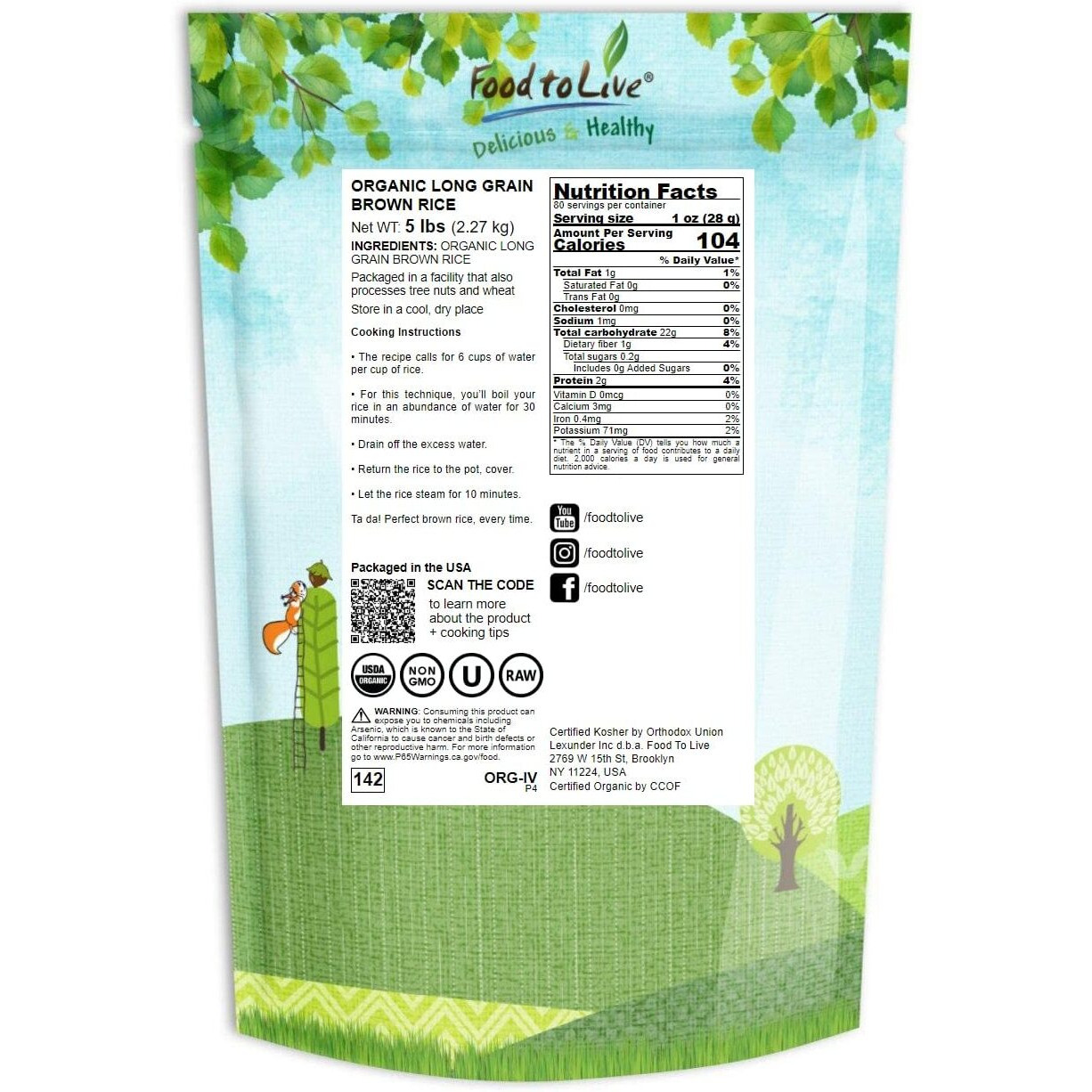 Food To Live Organic Long Grain Brown Rice, 5 Pounds - Non-Gmo, Whole Grain, Raw, Non-Irradiated, Kosher, Vegan, Bulk. Chewy Texture. Good Source Of Dietary Fiber. Perfect For Salads, Pilafs.