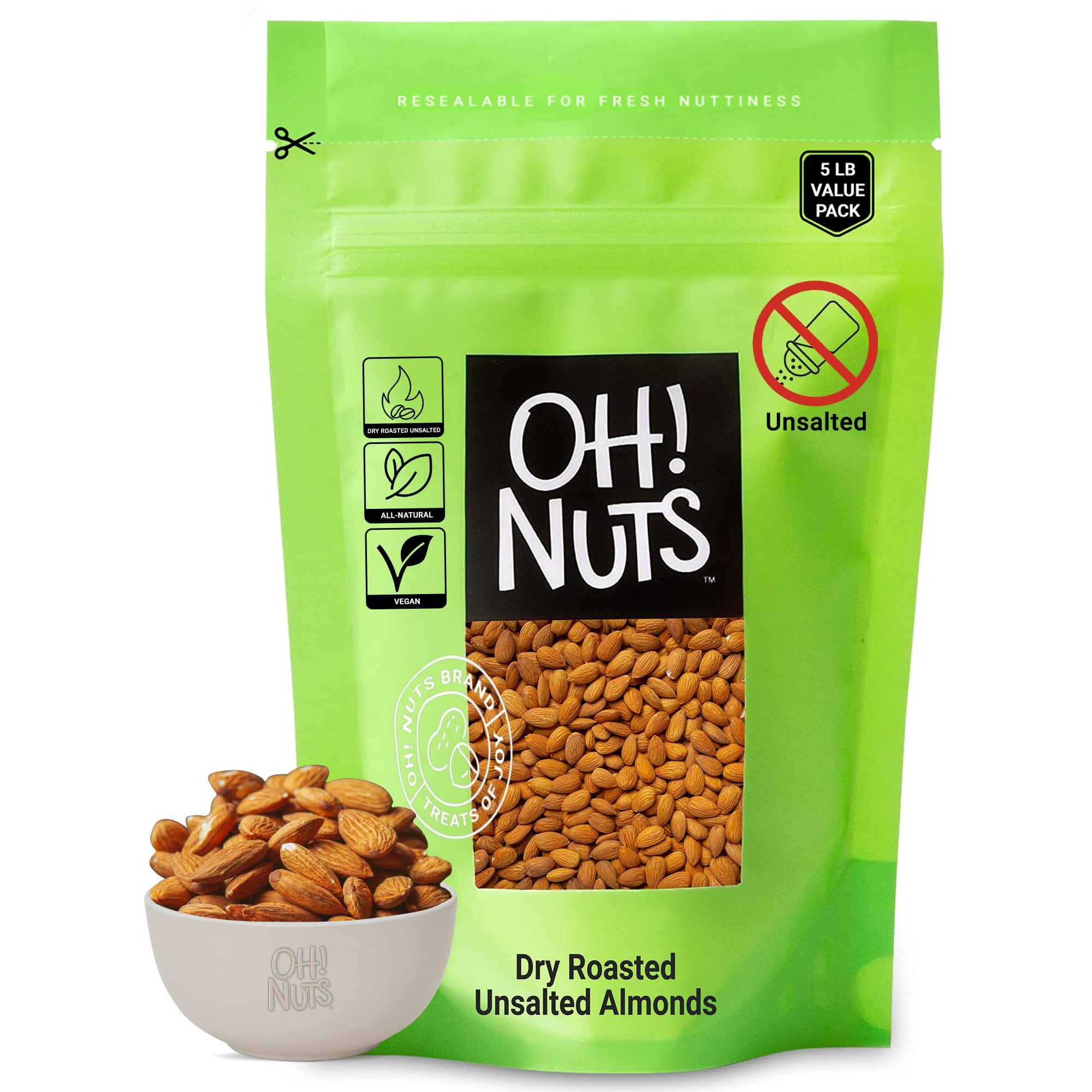 Almonds | Dry Roasted Unsalted Almonds | 5 Lb | No Salt, No Oil All-Natural Protein | Packed In New York Zip-Seal Bag For Exceptional Freshness By Oh Nuts