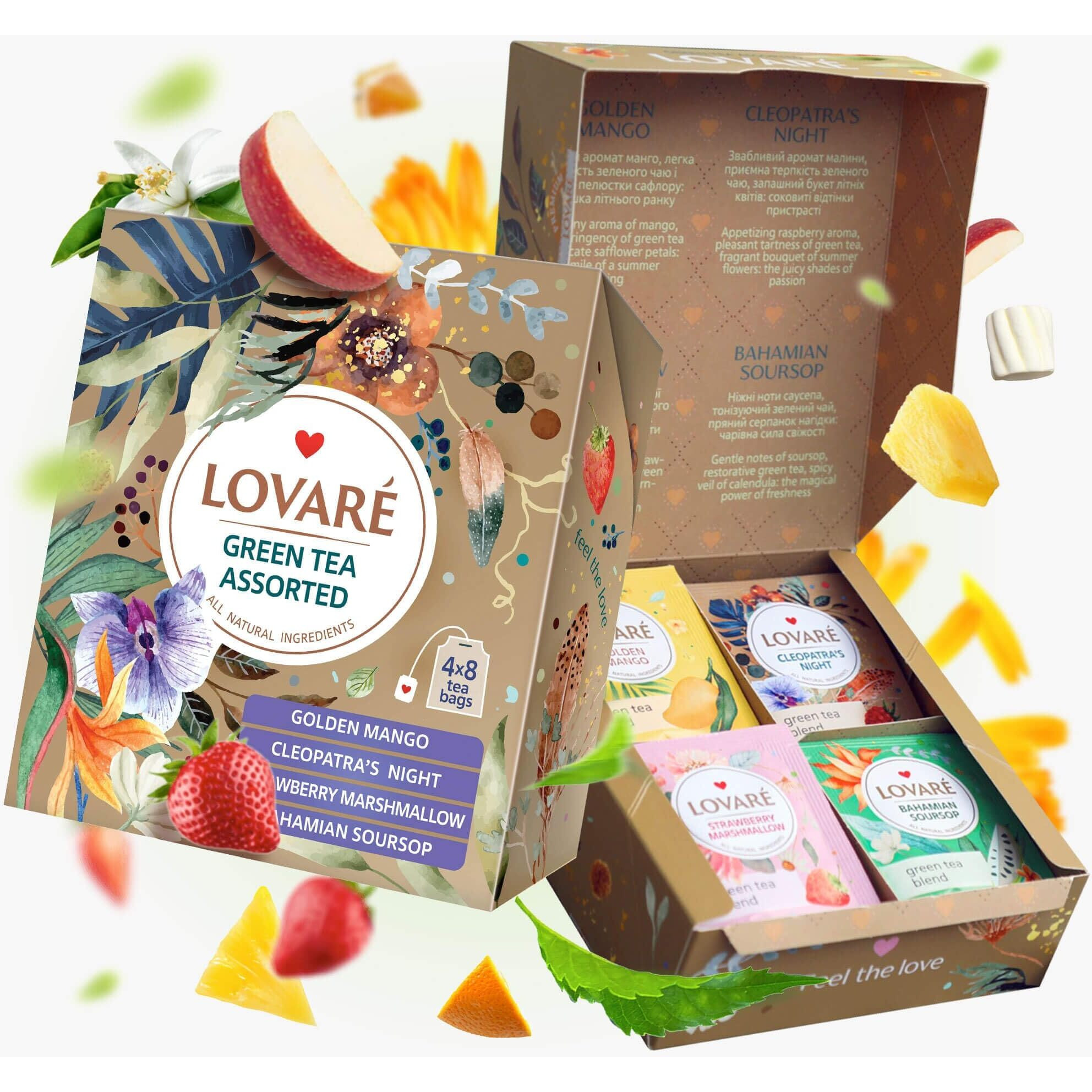 Lovare Green Assorted Tea Variety Pack 32 Pack - Made In Ukraine - Tea Bags Individually Wrapped 4 Tastes - Golden Mango, Cleopatras Night, Strawberry Marshmallow, Bahamian Soursop Assorted Tea Bags
