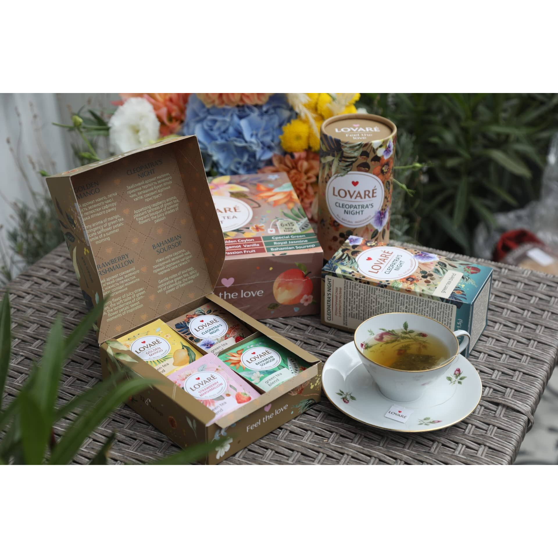 Lovare Green Assorted Tea Variety Pack 32 Pack - Made In Ukraine - Tea Bags Individually Wrapped 4 Tastes - Golden Mango, Cleopatras Night, Strawberry Marshmallow, Bahamian Soursop Assorted Tea Bags