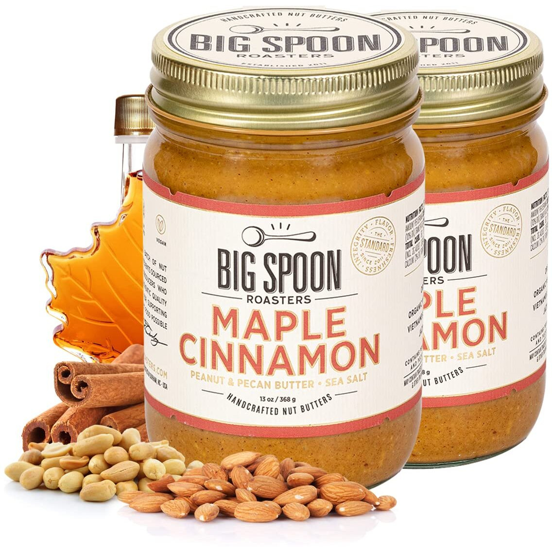 Big Spoon Roasters Maple Cinnamon Peanut & Pecan Butter - Low Sugar Peanut Butter - Creamy Peanut Butter W/Maple Syrup, Organic Peanuts & Pecans - Keto, Vegan, Palm Free Maple Nut Butter - 26 Ounces