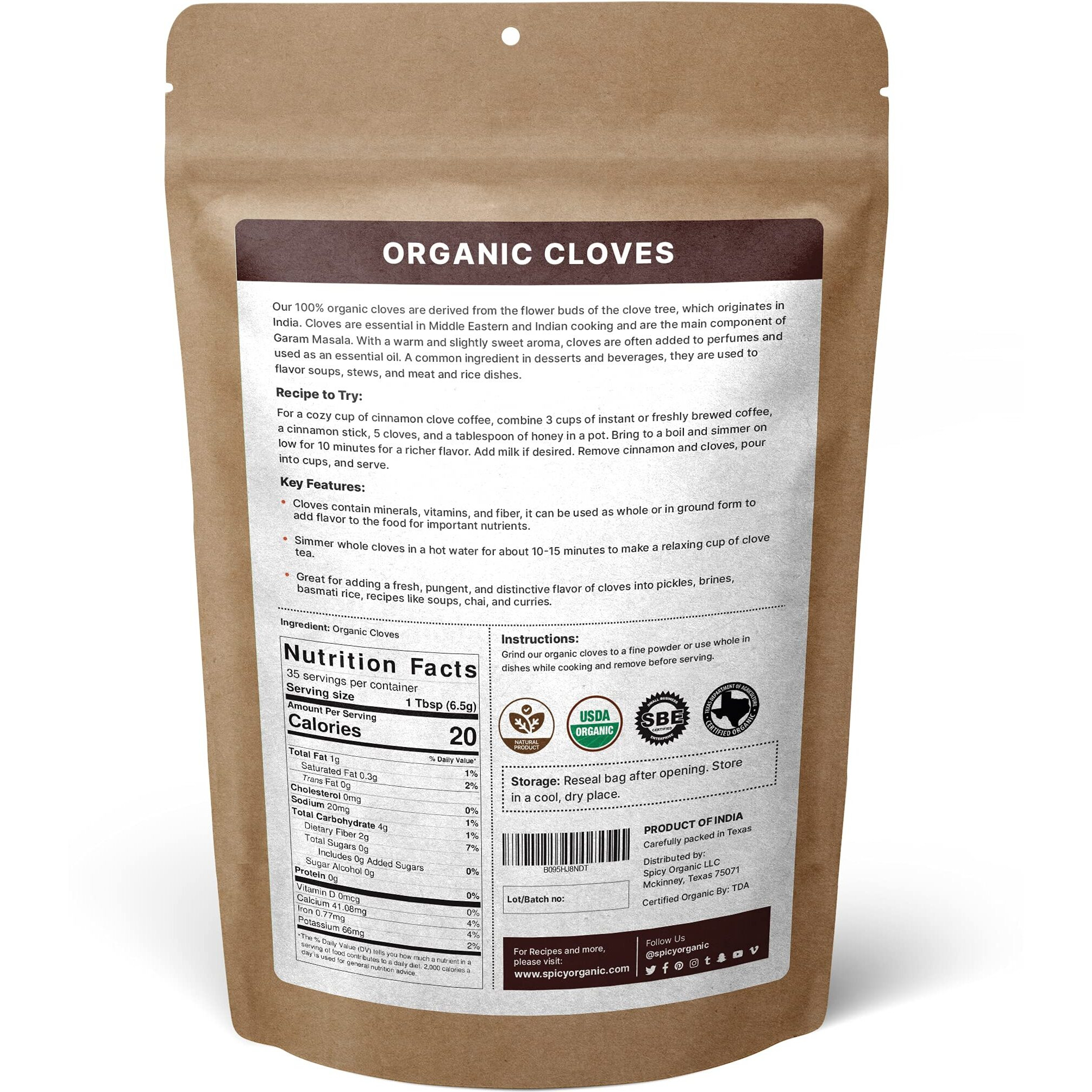 Spicy Organic Cloves Whole - 100% Pure Usda Organic - Non-Gmo, Keto Friendly, Non-Irradiated Fresh Clove Seed Spice - 8 Oz