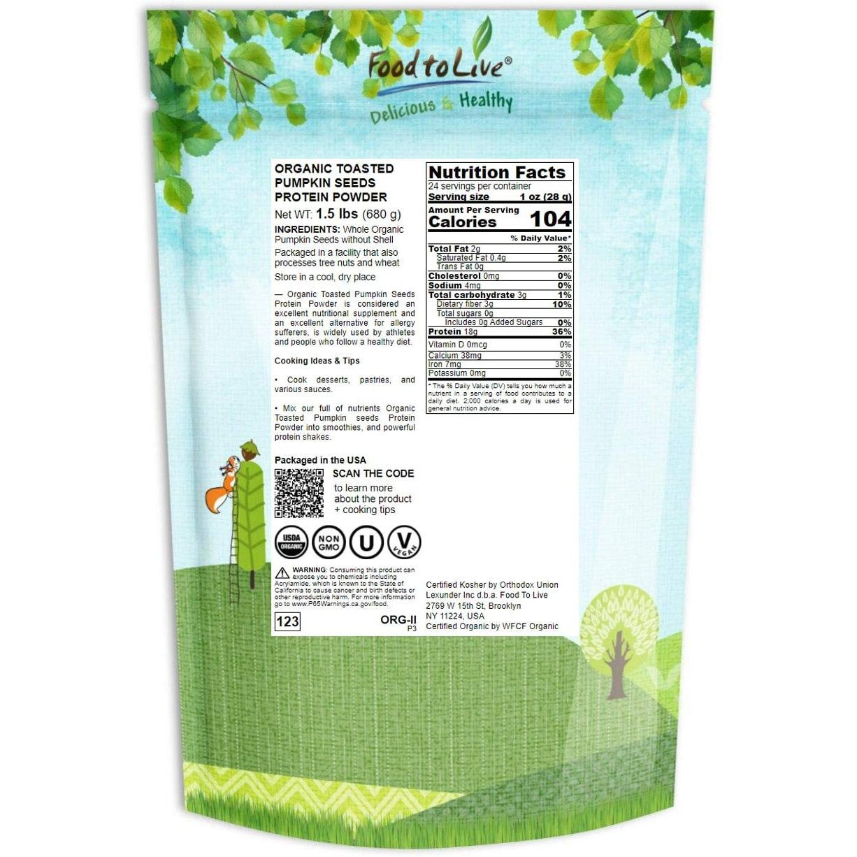 Food To Live Organic Toasted Pumpkin Seeds Protein Powder, 1.5 Pounds - 60% Protein, Non-Gmo, Pure, Plant Based,Vegan, Kosher, Bulk, Great For Baking, Drinks And Smoothies