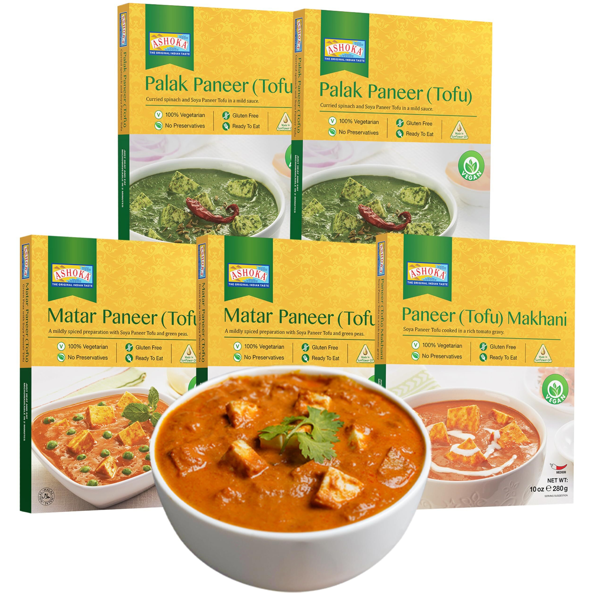 Ashoka Traditional Indian Meals 1932, Gluten-Free Meal Kit, Vegan Tofu Paneer Assortment, Kosher Certified, All-Natural Variety Pack, Travel Friendly Meals, Authentic With No Preservatives, Pack Of 5