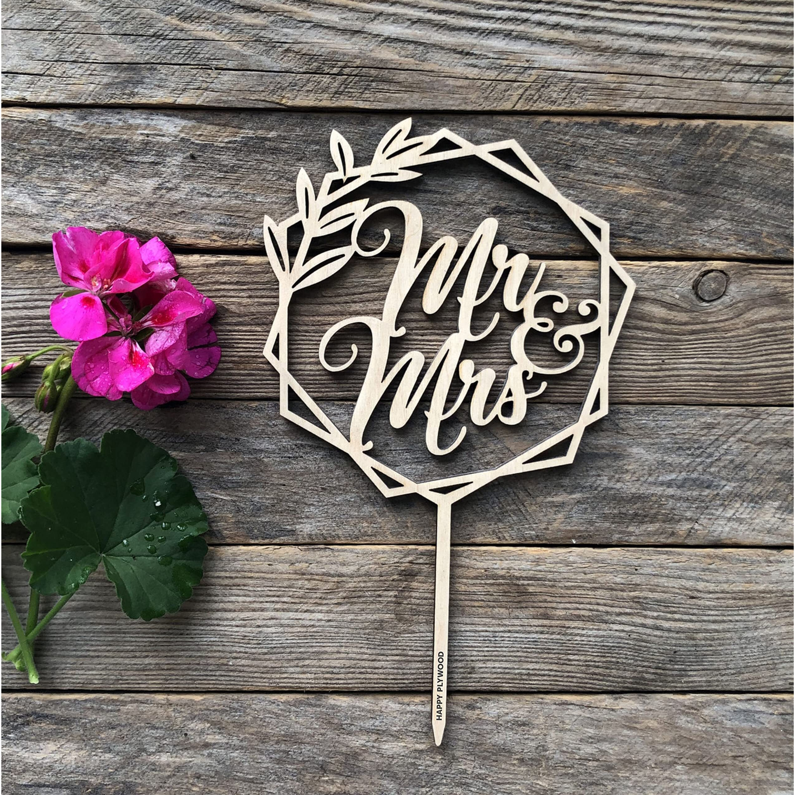 Happyplywood Mr And Mrs Wedding Cake Toppers Bride Groom Cake Topper For Wedding Wooden Wreath Rustic Hexagon Funny Decoration Mr&Mrs Sign Gold Silver Brown (Unpainted)