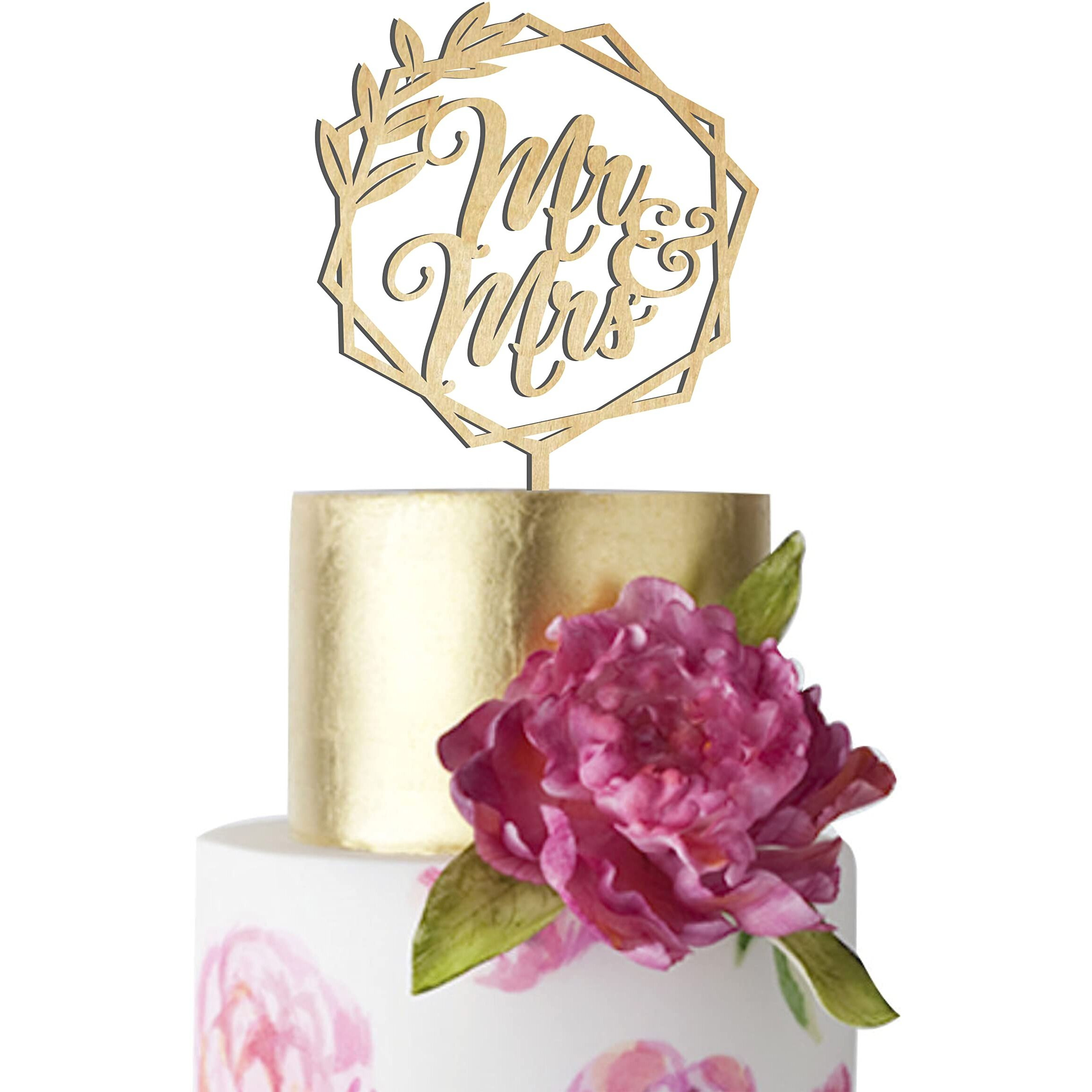 Happyplywood Mr And Mrs Wedding Cake Toppers Bride Groom Cake Topper For Wedding Wooden Wreath Rustic Hexagon Funny Decoration Mr&Mrs Sign Gold Silver Brown (Unpainted)