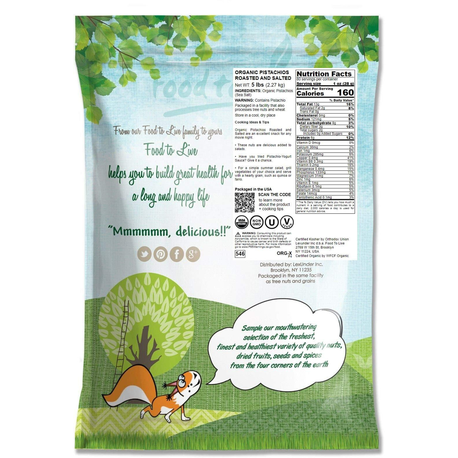 Organic Pistachios, 5 Pounds - In Shell, Dry Roasted With Sea Salt, Non-Gmo, Kosher, Vegan, Bulk