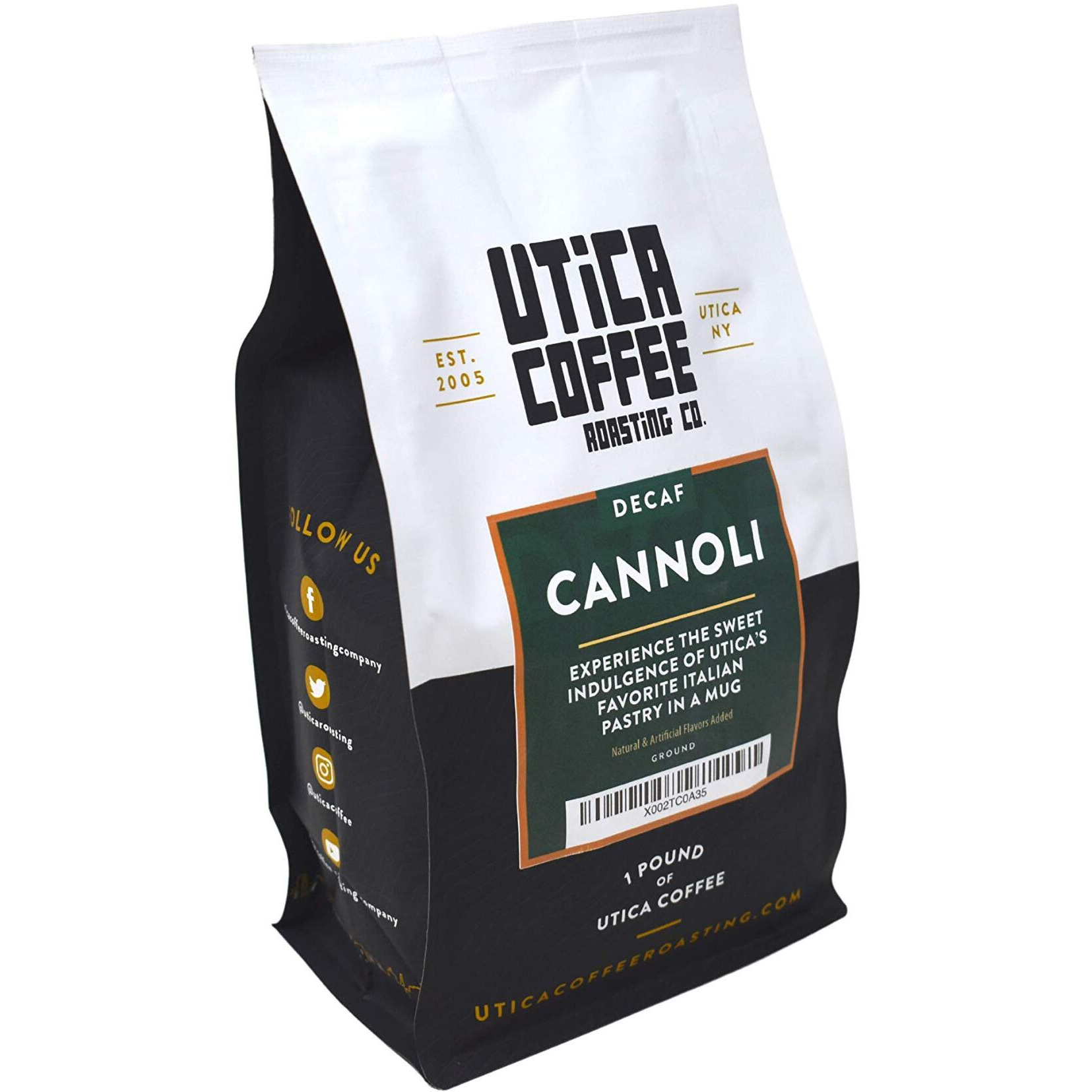 Utica Coffee Roasting Co. Decaf Cannoli | Specialty Flavored Medium Roast Ground Coffee | 16 Oz Reclosable Bag