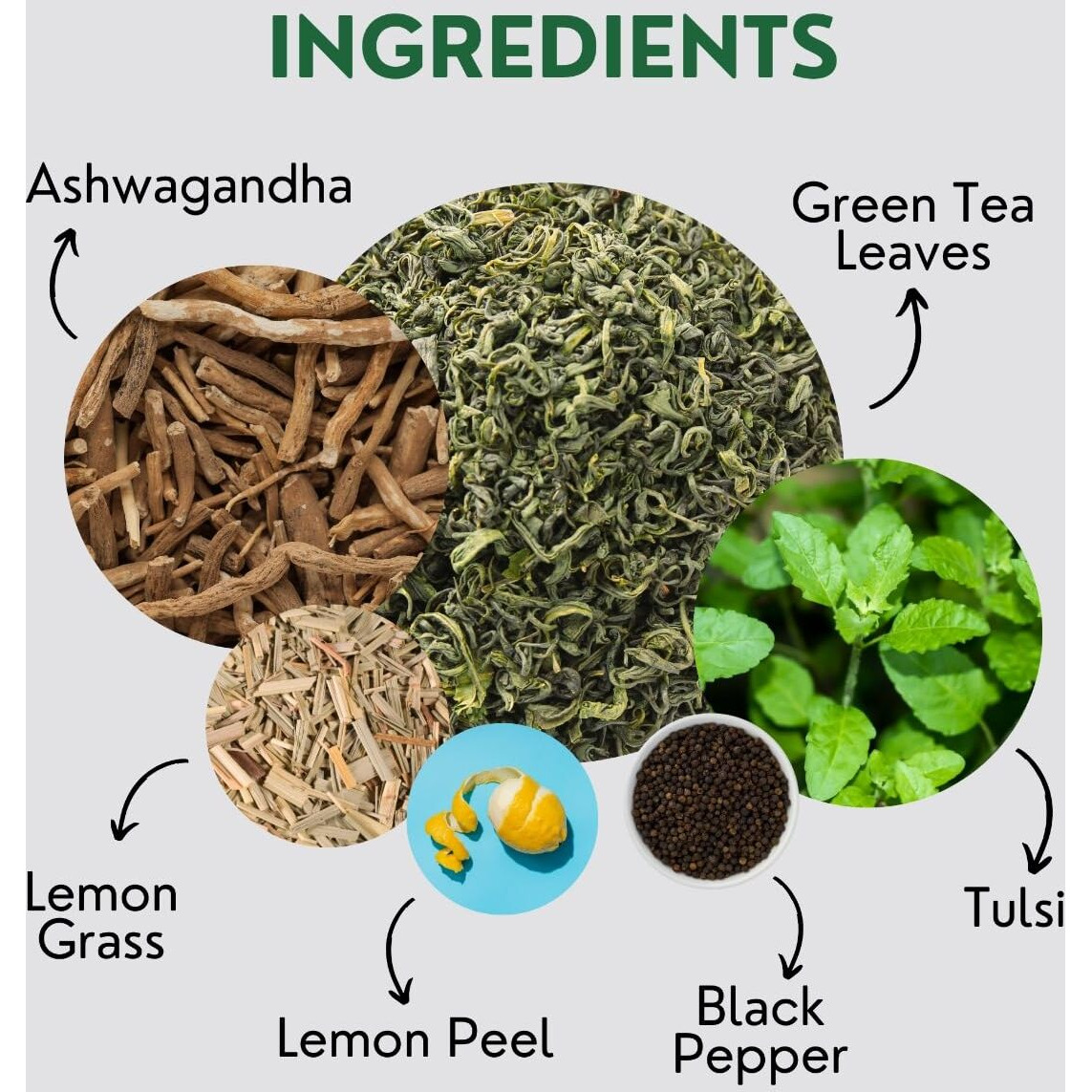 Tulsi Ashwagandha Green Tea Bags (50 Count), Green Tea With Tulsi, Ashwagandha, Lemongrass And Black Pepper, Caffeinated, Real And Natural Green Tea, Blended With Fresh Herbs And Spices, Gluten Free