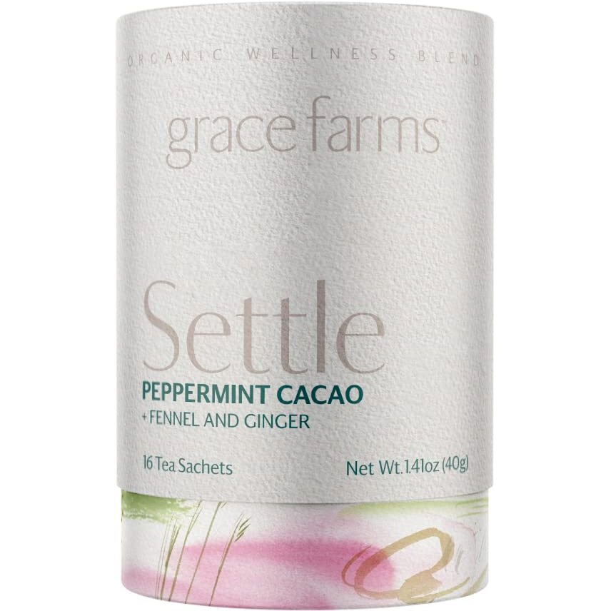 Grace Farms Settle Wellness Organic Tea Blend (16 Pyramid Sachets) | Peppermint Cacao | Relaxing And Digestive Support | Fairtrade And Kosher | Filled With Antioxidants And Stress-Relieving Herbs | Gives Back 100% Of Profits