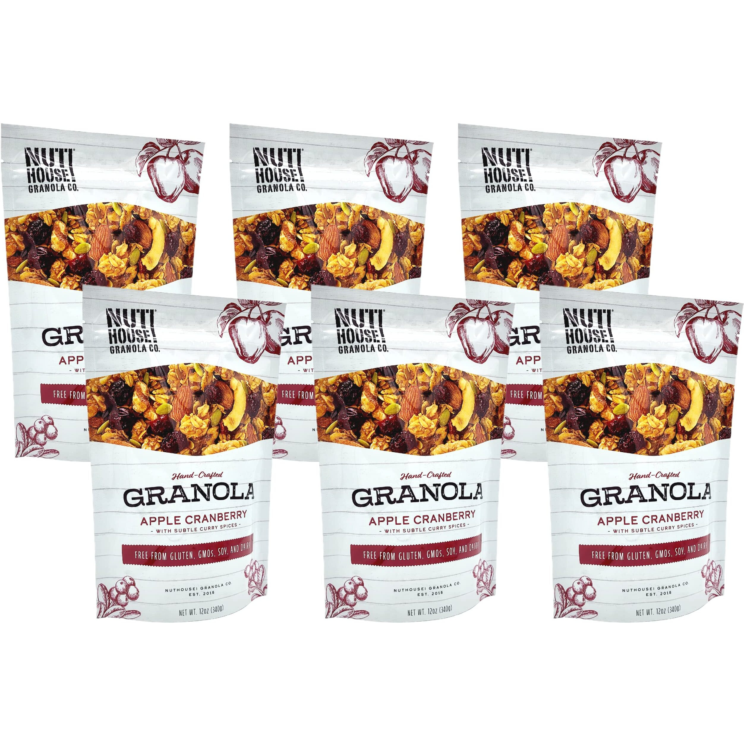 Nuthouse Granola Company - Premium Apple-Cranberry Granola | Certified Gluten-Free, Non-Gmo, Kosher | Vegan, Soy-Free | 12 Oz. Bag (6-Pack)