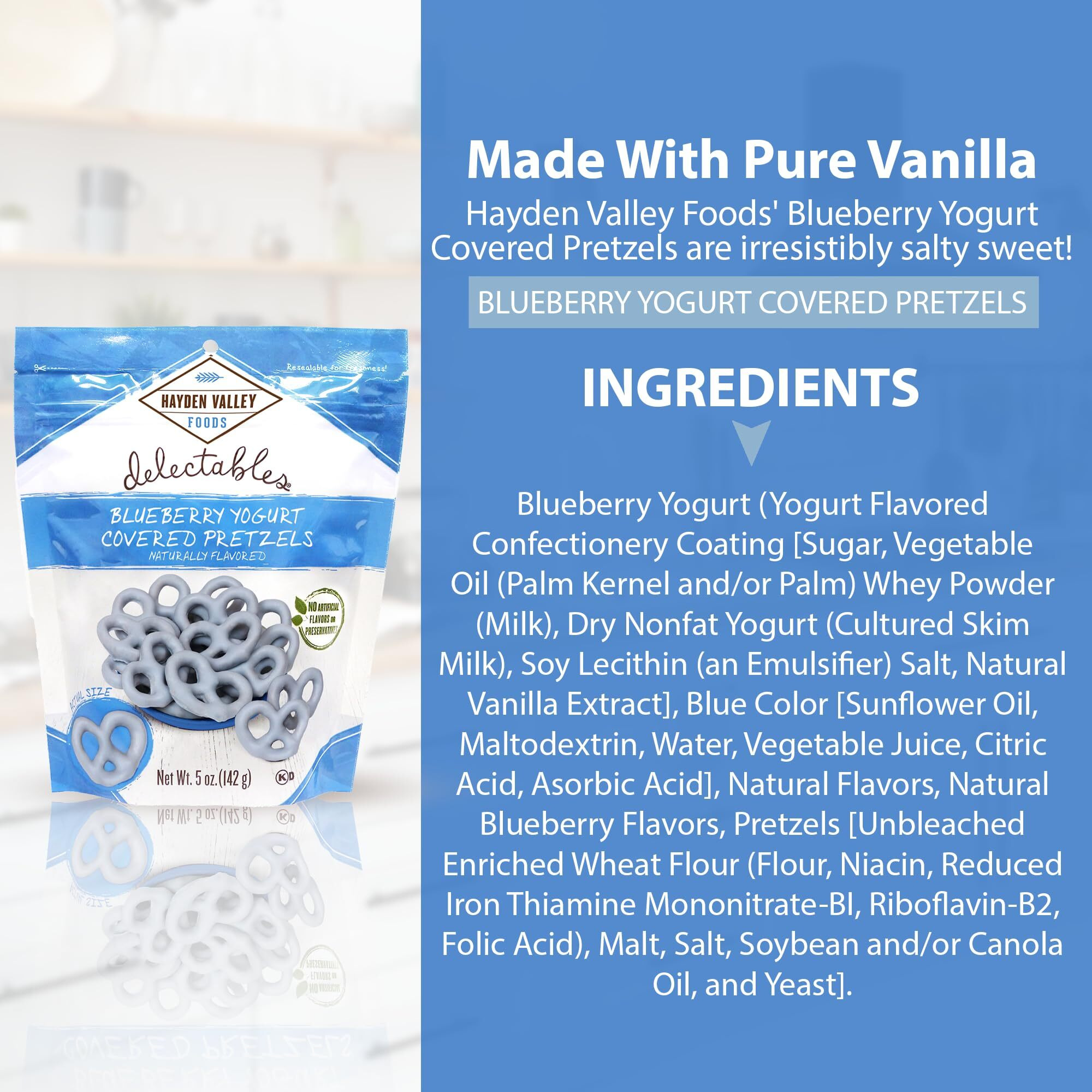 Hayden Valley Foods Blueberry Yogurt Covered Pretzels - 5Oz Resealable Bag - Gourmet Flavored Pretzels