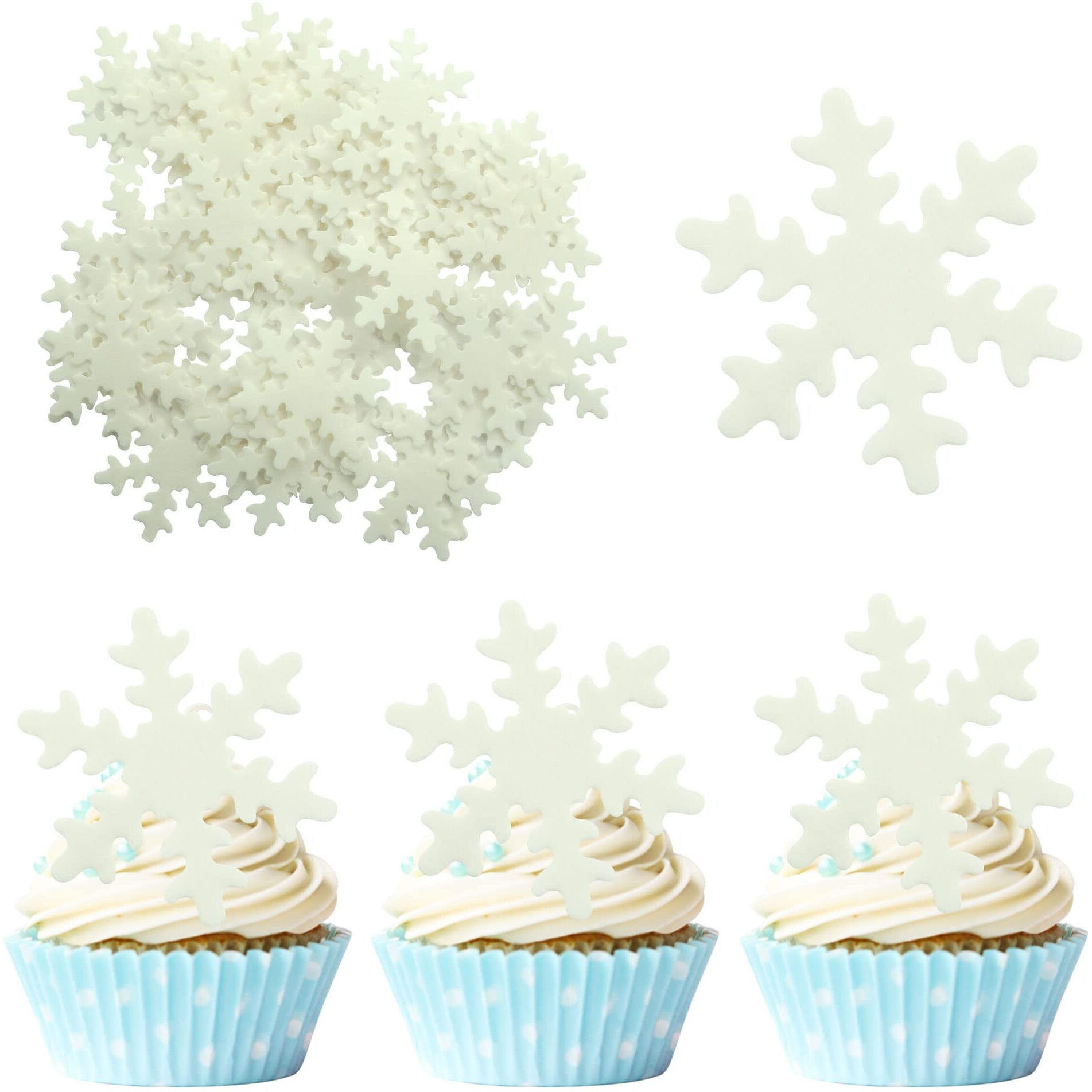 50Pcs White Edible Snowflake Cupcake Toppers Snowflakes Cake Topper Decorations For Christmas Winter Holiday Frozen Theme Babyshower Birthday Wedding Party Supplies