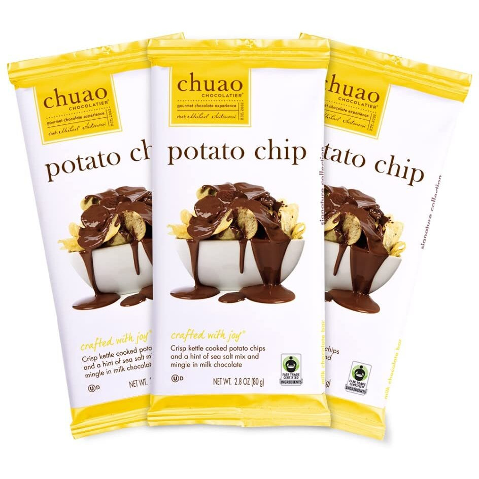 Chuao Chocolatier Potato Chip Milk Chocolate Gourmet Bars | For Gift Baskets, Birthday, Thank You, Care Package| 3 Pack, 2.8 Oz Each