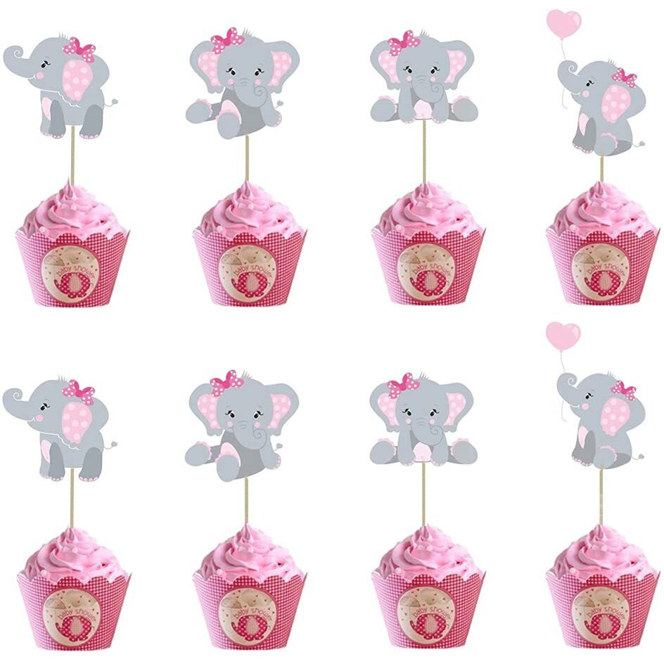 48Pcs Pink Elephant Cupcake Toppers, Double Sided It Is A Girl Elephant Cupcake Picks, Elephant Cake Cupcake Decorations For Elephant Theme Birthday Baby Shower Little Peanut Party Supplies