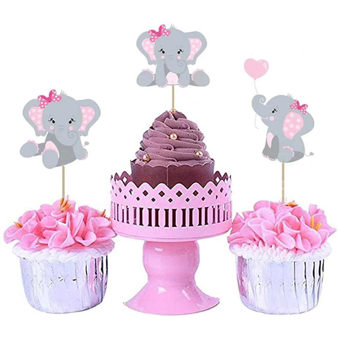 48Pcs Pink Elephant Cupcake Toppers, Double Sided It Is A Girl Elephant Cupcake Picks, Elephant Cake Cupcake Decorations For Elephant Theme Birthday Baby Shower Little Peanut Party Supplies