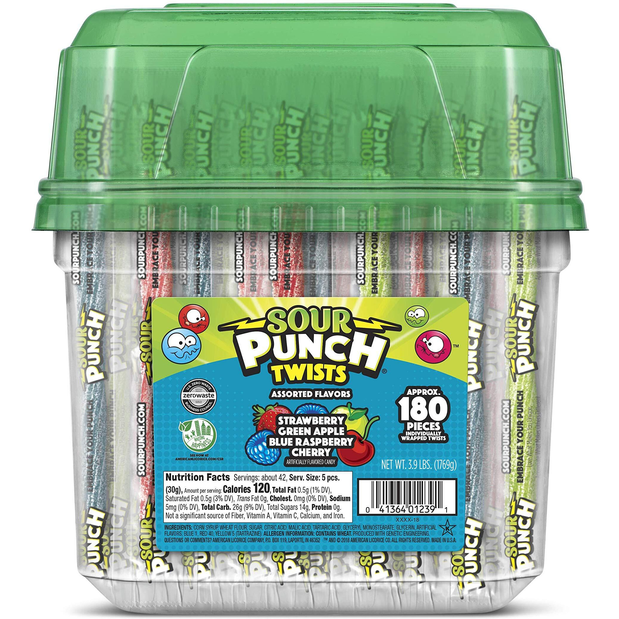 Sour Punch Twists, 6"" Individually Wrapped Soft & Chewy Candy Tub, 4 Fruit Flavors, 62.4 Oz