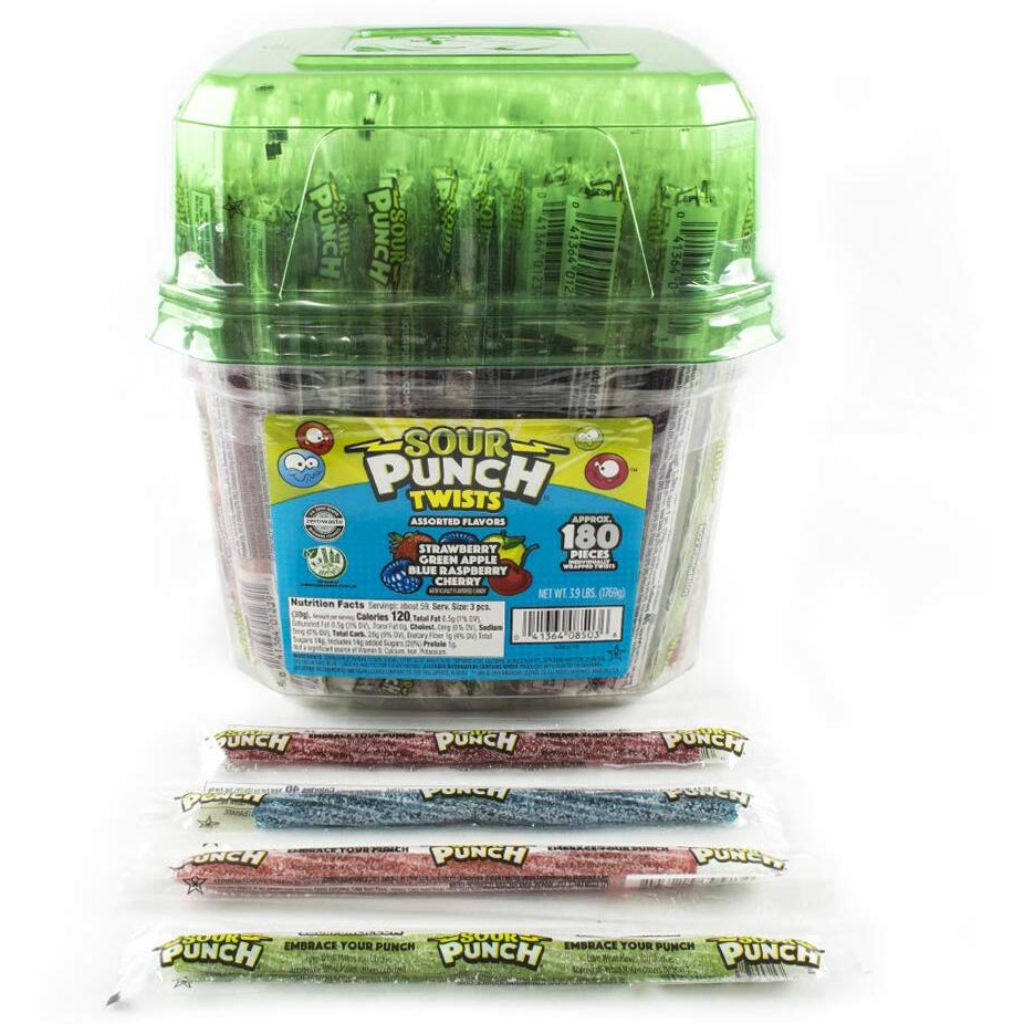 Sour Punch Twists, 6"" Individually Wrapped Soft & Chewy Candy Tub, 4 Fruit Flavors, 62.4 Oz