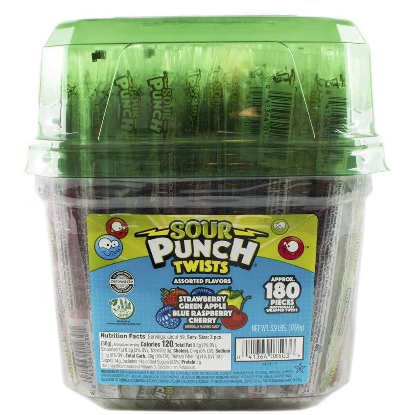 Sour Punch Twists, 6"" Individually Wrapped Soft & Chewy Candy Tub, 4 Fruit Flavors, 62.4 Oz