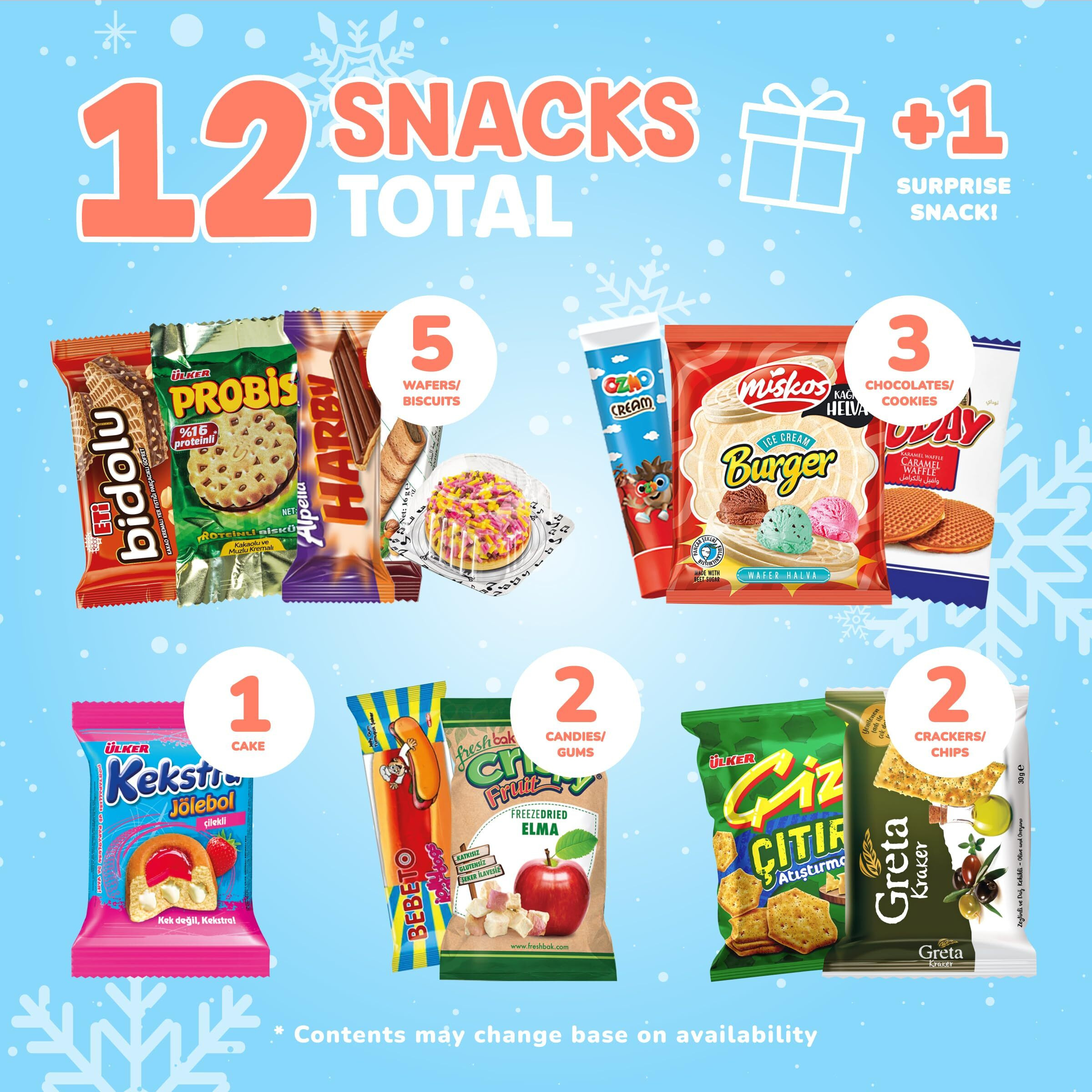 Midi International Snack Box | Premium Exotic Foreign Snacks | Unique Snack Food Gifts Included | Light Blue Space Theme | Candies From Around The World | 12 Full-Size + 1 Bonus Snacks