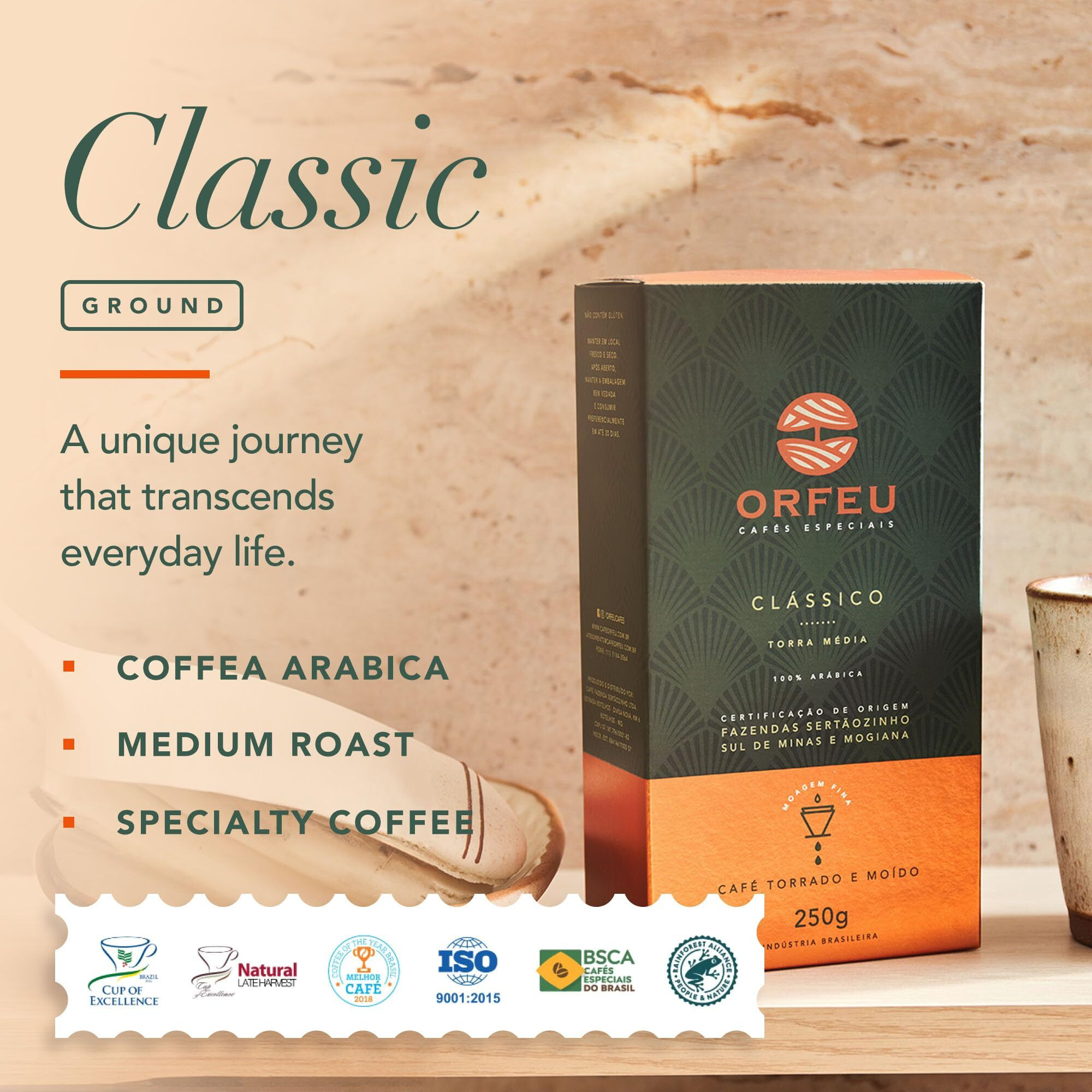 Orfeu - Special Coffee Classic Roasted And Ground - 100% Arabica Coffee, Medium Roasted, Floral, Fruity & Caramel Aroma, Balanced Acidity - 8.8Oz