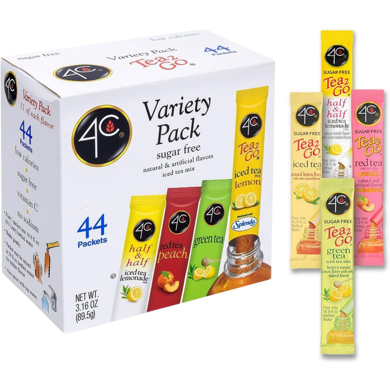 4C Powder Drink Mix Packets, Iced Tea Variety 1 Pack, 44 Count, Singles Stix On The Go, Refreshing Sugar Free Water Flavorings