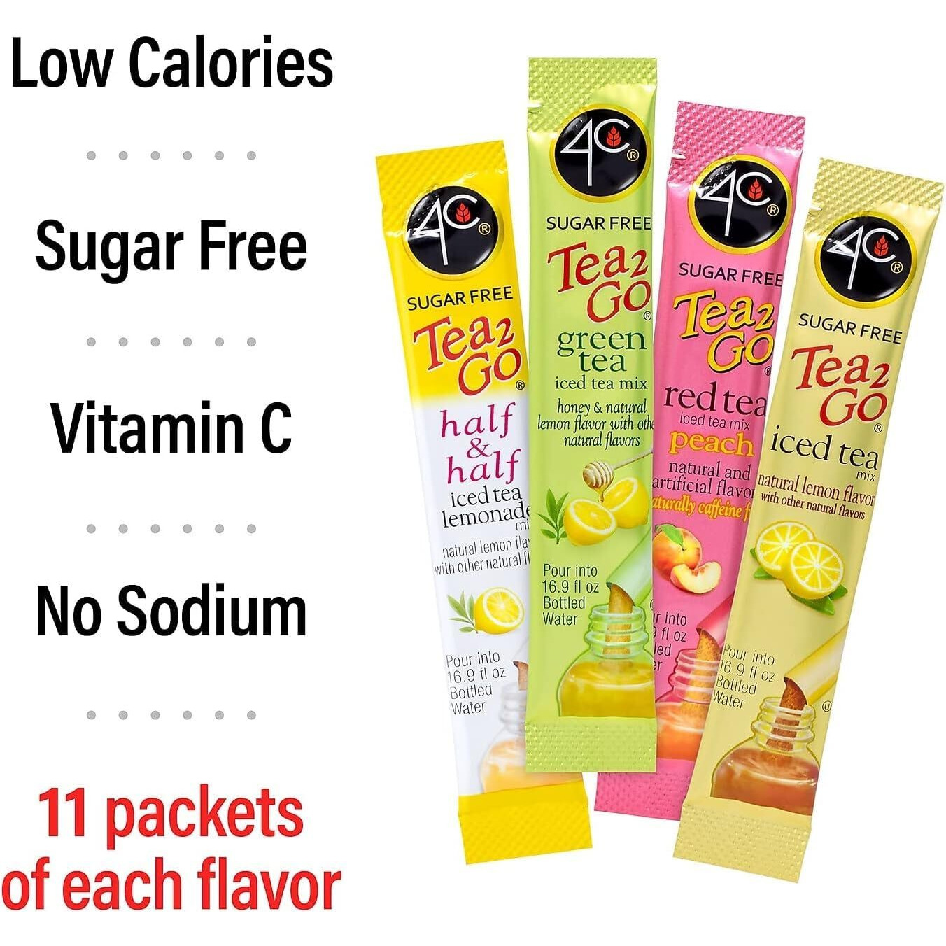 4C Powder Drink Mix Packets, Iced Tea Variety 1 Pack, 44 Count, Singles Stix On The Go, Refreshing Sugar Free Water Flavorings