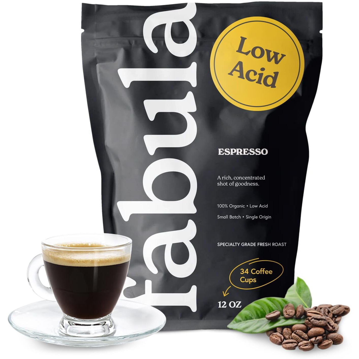 Fabula Low Acid Coffee Beans Whole, Organic Espresso Coffee - Non-Gmo - No Molds - Mycotoxins Pesticides Free - Single Origin Coffee - 12 Oz