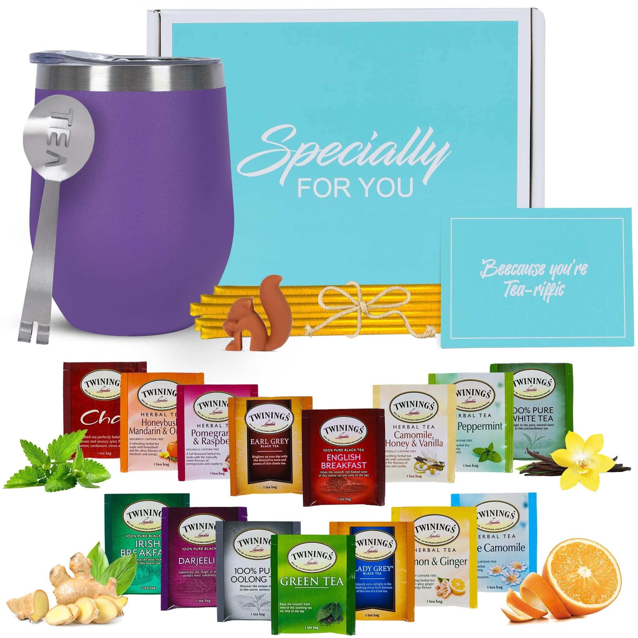 Modern Elegance Tea Gift Set, Includes 15 Teas, Stainless Steel Tumbler, Honey Straws, Tea Spoon Squeezer, Squirrel Tea Bag Holder (Purple)