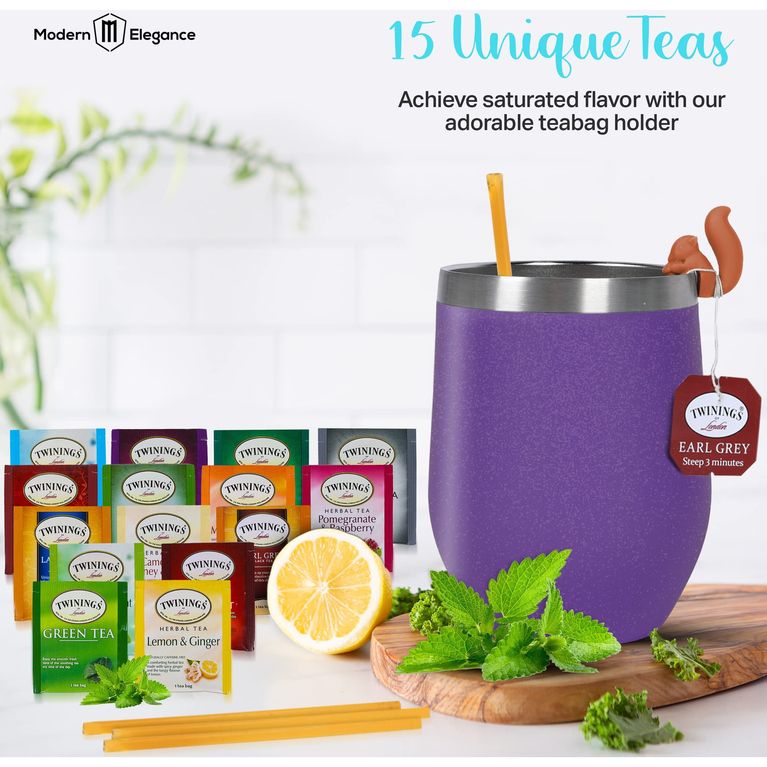 Modern Elegance Tea Gift Set, Includes 15 Teas, Stainless Steel Tumbler, Honey Straws, Tea Spoon Squeezer, Squirrel Tea Bag Holder (Purple)