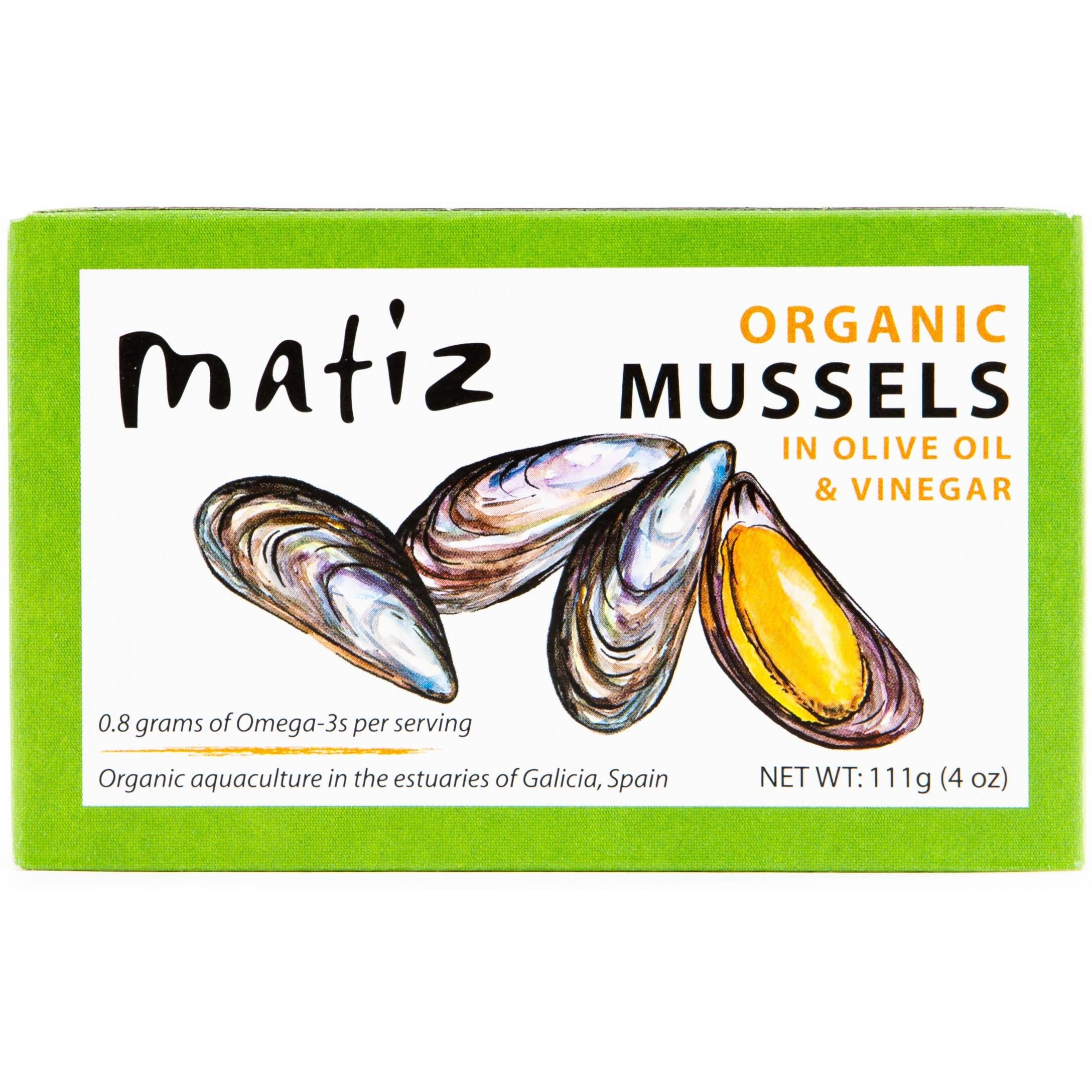 Matiz Espana Organic Mussels In Extra Virgin Olive Oil And Apple Cider Vinegar | 4 Oz.- 2 Pack | From The Coast Of Galicia, Spain |