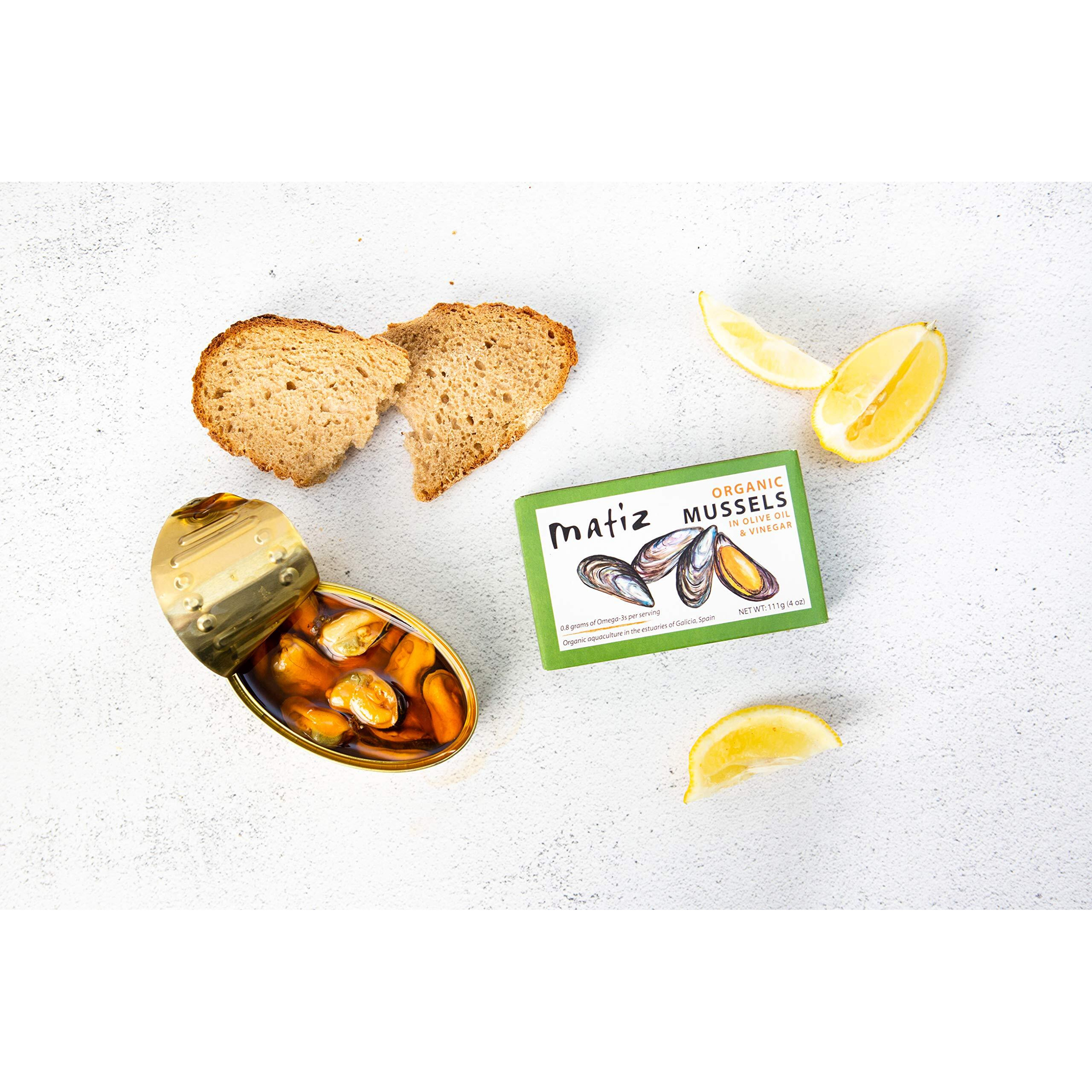 Matiz Espana Organic Mussels In Extra Virgin Olive Oil And Apple Cider Vinegar | 4 Oz.- 2 Pack | From The Coast Of Galicia, Spain |