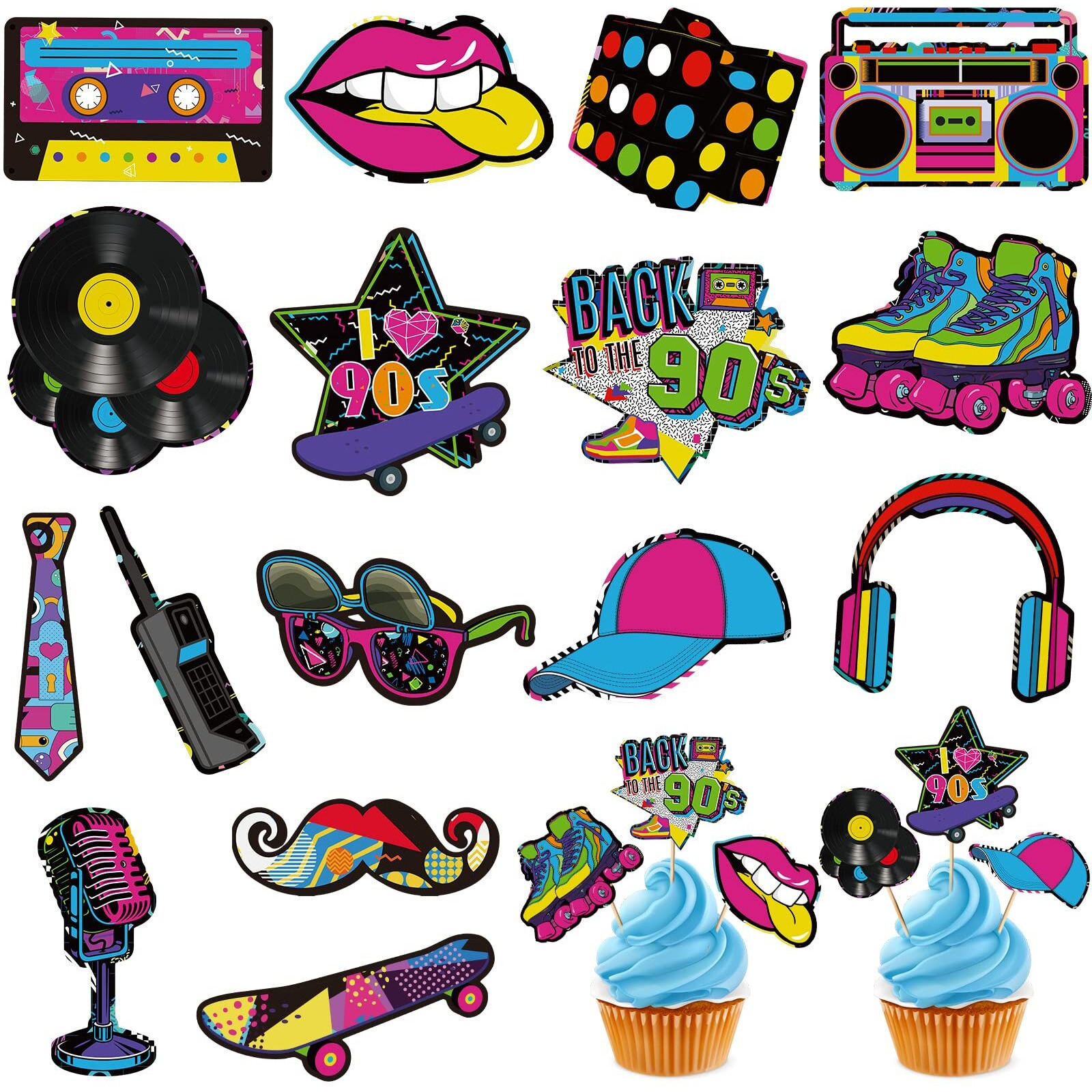32 Pieces Cupcake Topper Theme Birthday Party Decorations For Adults Party Decorations Totally Party Supplies Diy Dessert Cupcake Toppers Supplies Roller Skate Cake Topper (90S Style)