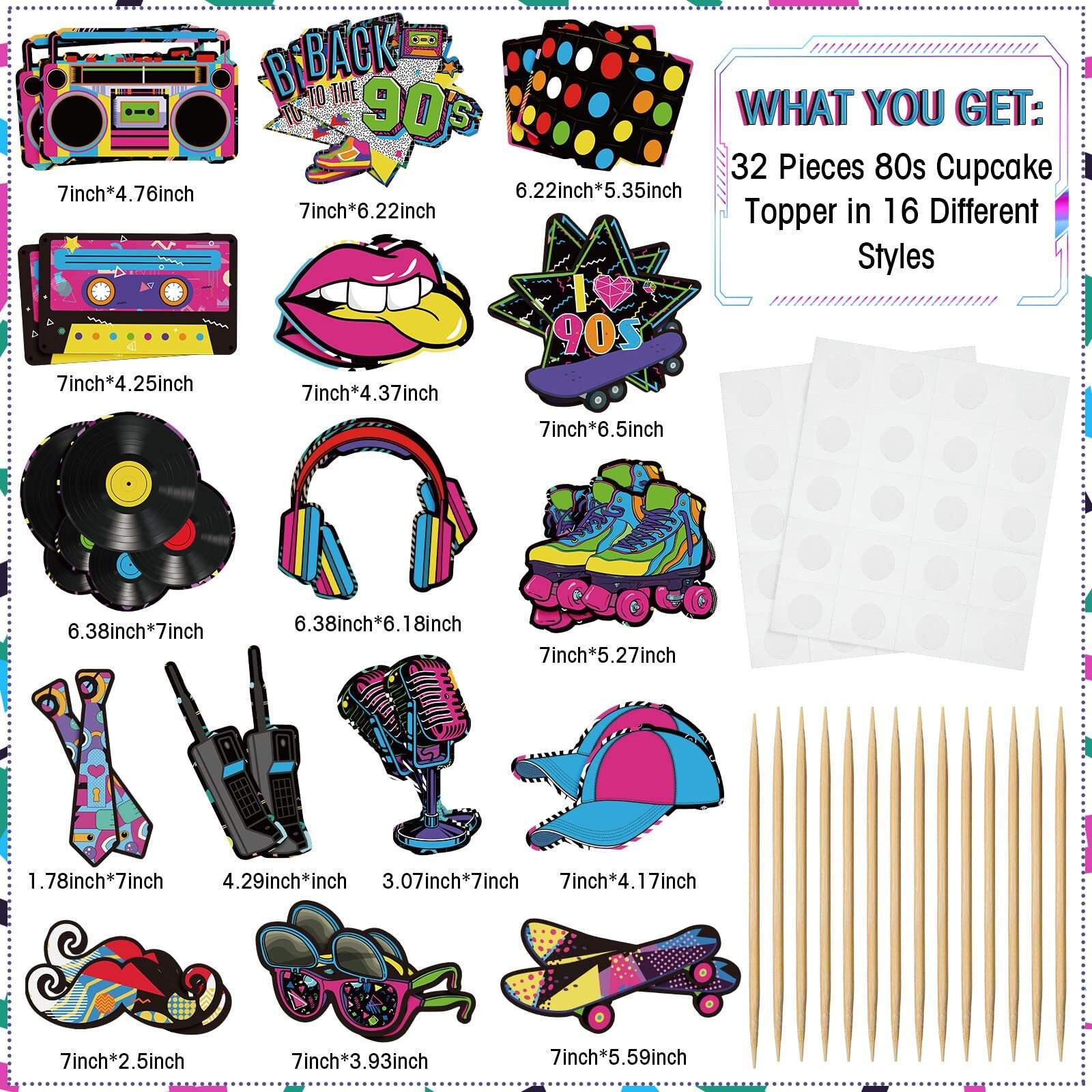 32 Pieces Cupcake Topper Theme Birthday Party Decorations For Adults Party Decorations Totally Party Supplies Diy Dessert Cupcake Toppers Supplies Roller Skate Cake Topper (90S Style)