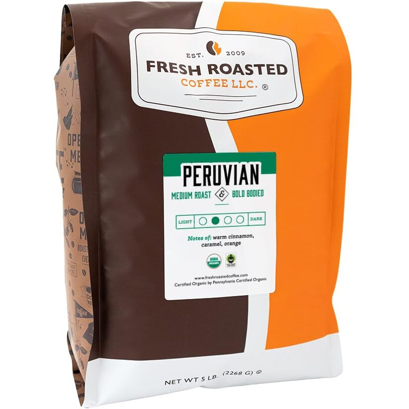Fresh Roasted Coffee, Fair Trade Organic Peruvian, 5 Lb (80 Oz), Medium Roast, Kosher, Ground