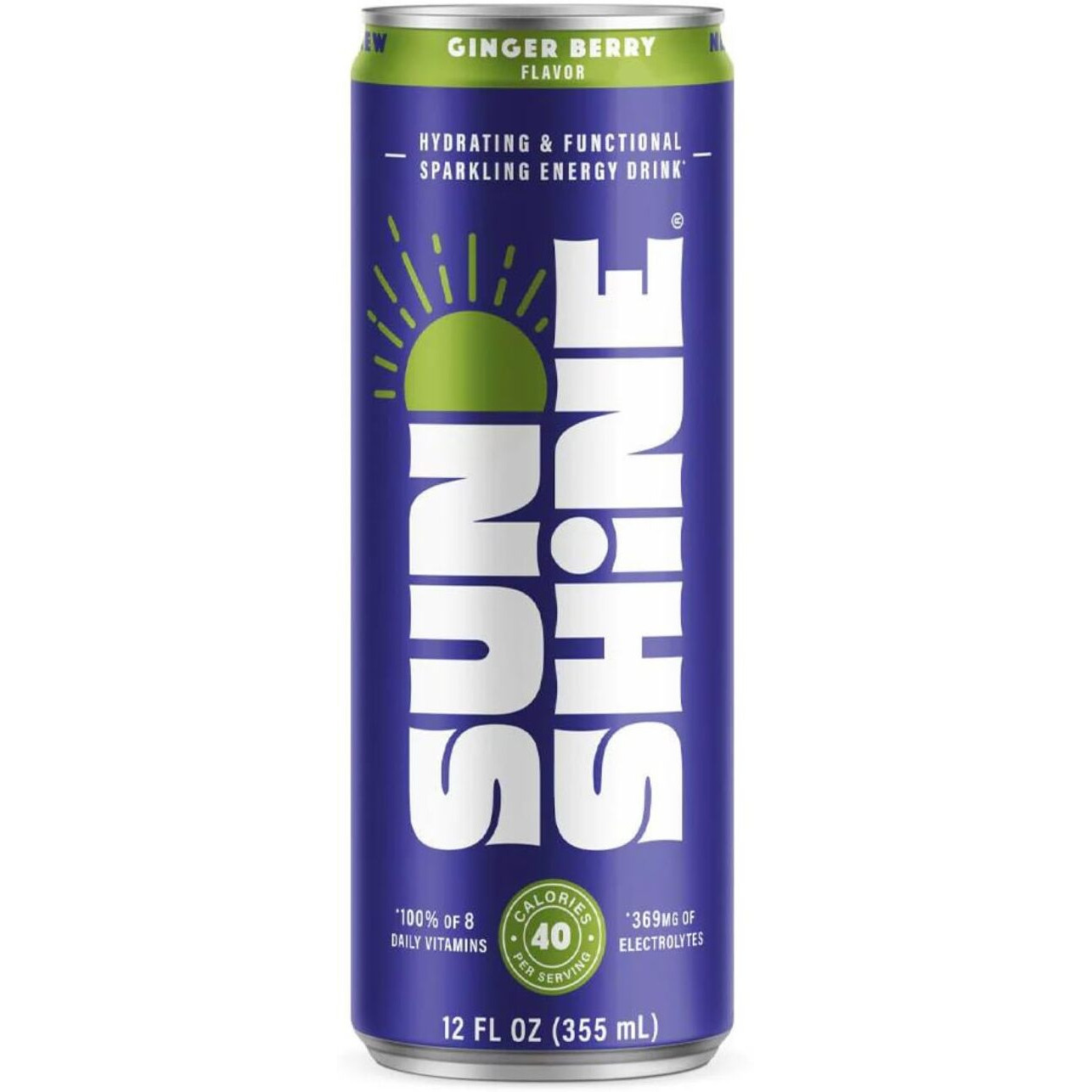 Sunshine Sparkling Energy Drink, Ginger Berry With Daily Essential Vitamins, 360Mg Of Electrolytes, 70Mg Of Natural Caffeine, 12 Fl Oz (Pack Of 12)