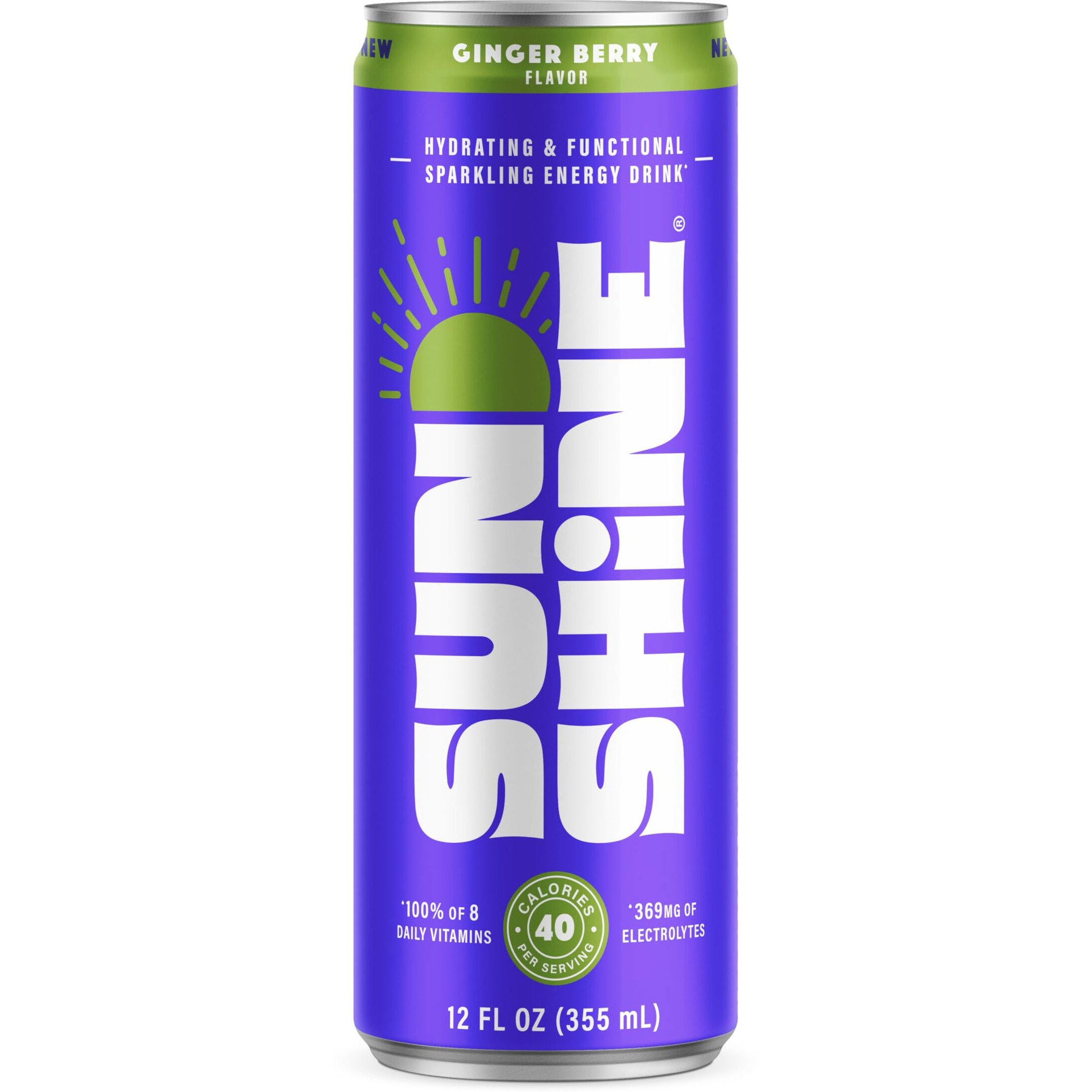 Sunshine Sparkling Energy Drink, Ginger Berry With Daily Essential Vitamins, 360Mg Of Electrolytes, 70Mg Of Natural Caffeine, 12 Fl Oz (Pack Of 12)