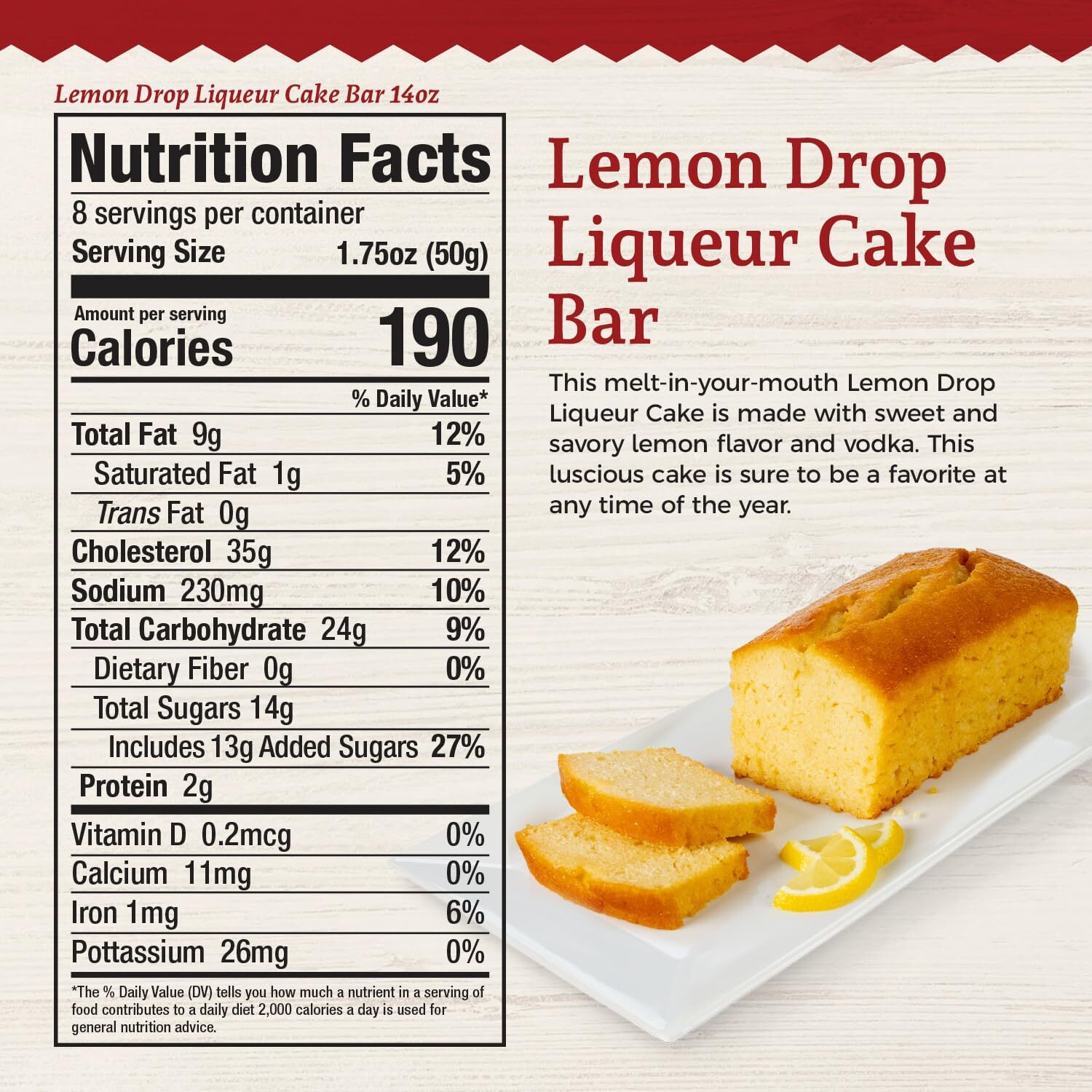 Beatrice Bakery Co. Lemon Drop Liqueur Cake Bar, Gramdma's Sweet And Savory Freshly Made Liqueur Cake, Est. 1917 (14 Oz Box)
