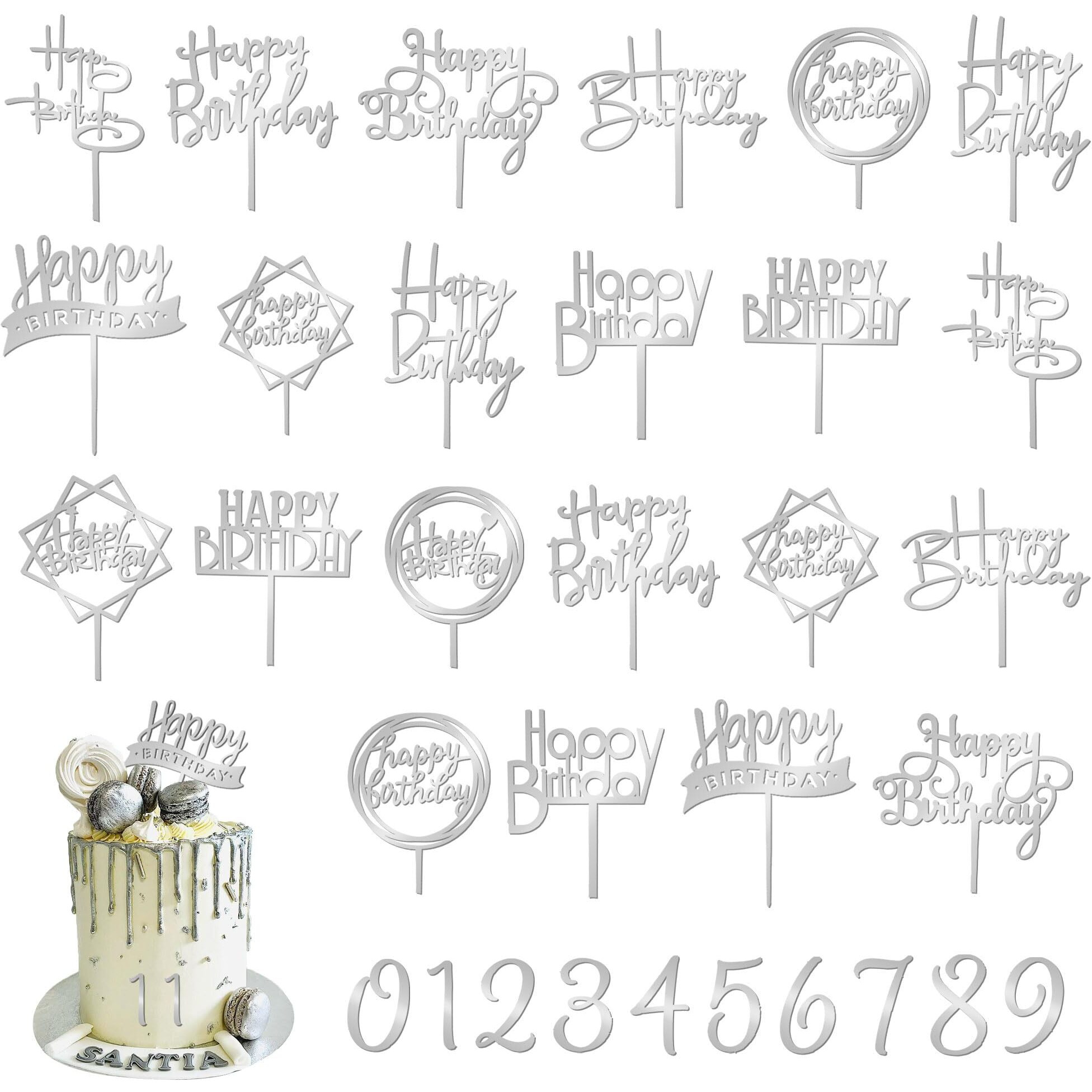 46 Pcs Silvery Happy Birthday Cake Topper Acrylic Birthday Cupcake Topper Pick For Birthday Party Cake Desserts Pastries Decorations (Silvery)