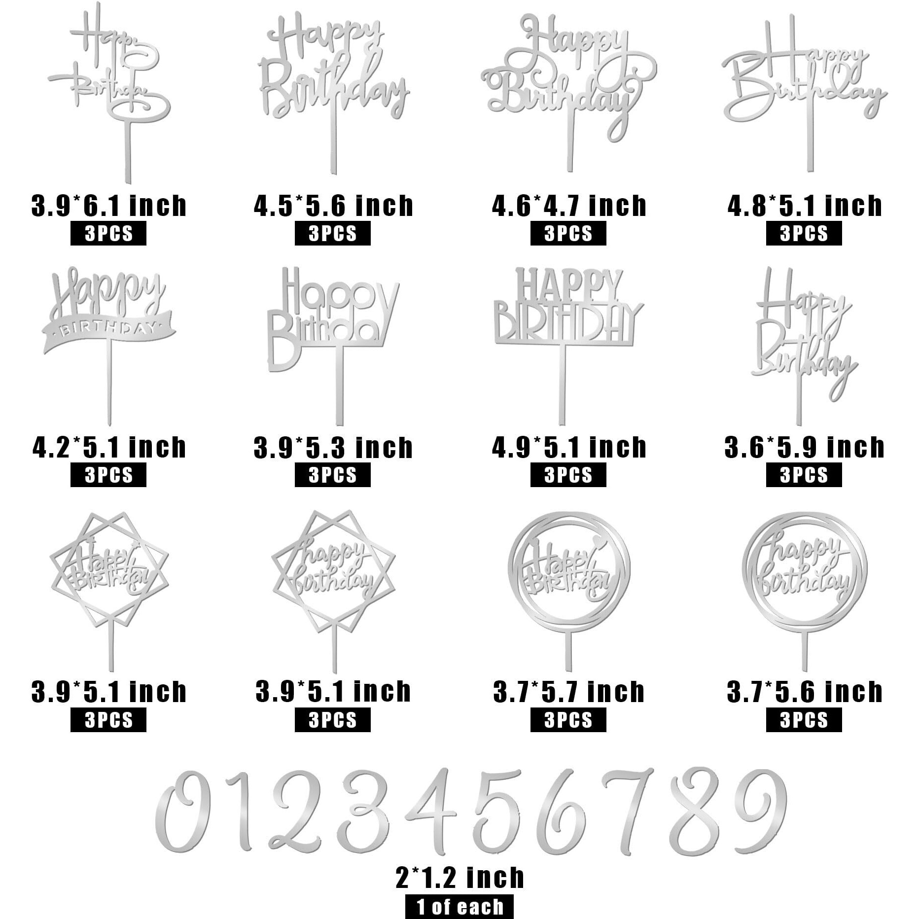 46 Pcs Silvery Happy Birthday Cake Topper Acrylic Birthday Cupcake Topper Pick For Birthday Party Cake Desserts Pastries Decorations (Silvery)