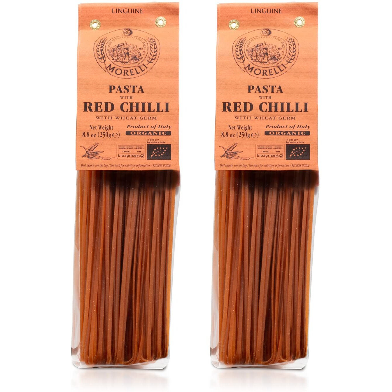 Morelli Red Chilli Linguine Pasta - Red Pepper Pasta With Wheat Germ - Italian Pasta From Italy - Naturally Flavored Pasta - Gourmet Pasta - Non Gmo - Organic - 8.8Oz (250G) - Pack Of 2