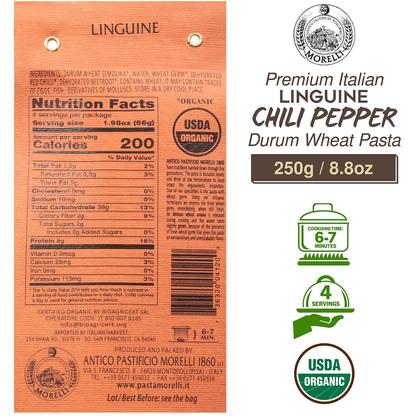 Morelli Red Chilli Linguine Pasta - Red Pepper Pasta With Wheat Germ - Italian Pasta From Italy - Naturally Flavored Pasta - Gourmet Pasta - Non Gmo - Organic - 8.8Oz (250G) - Pack Of 2