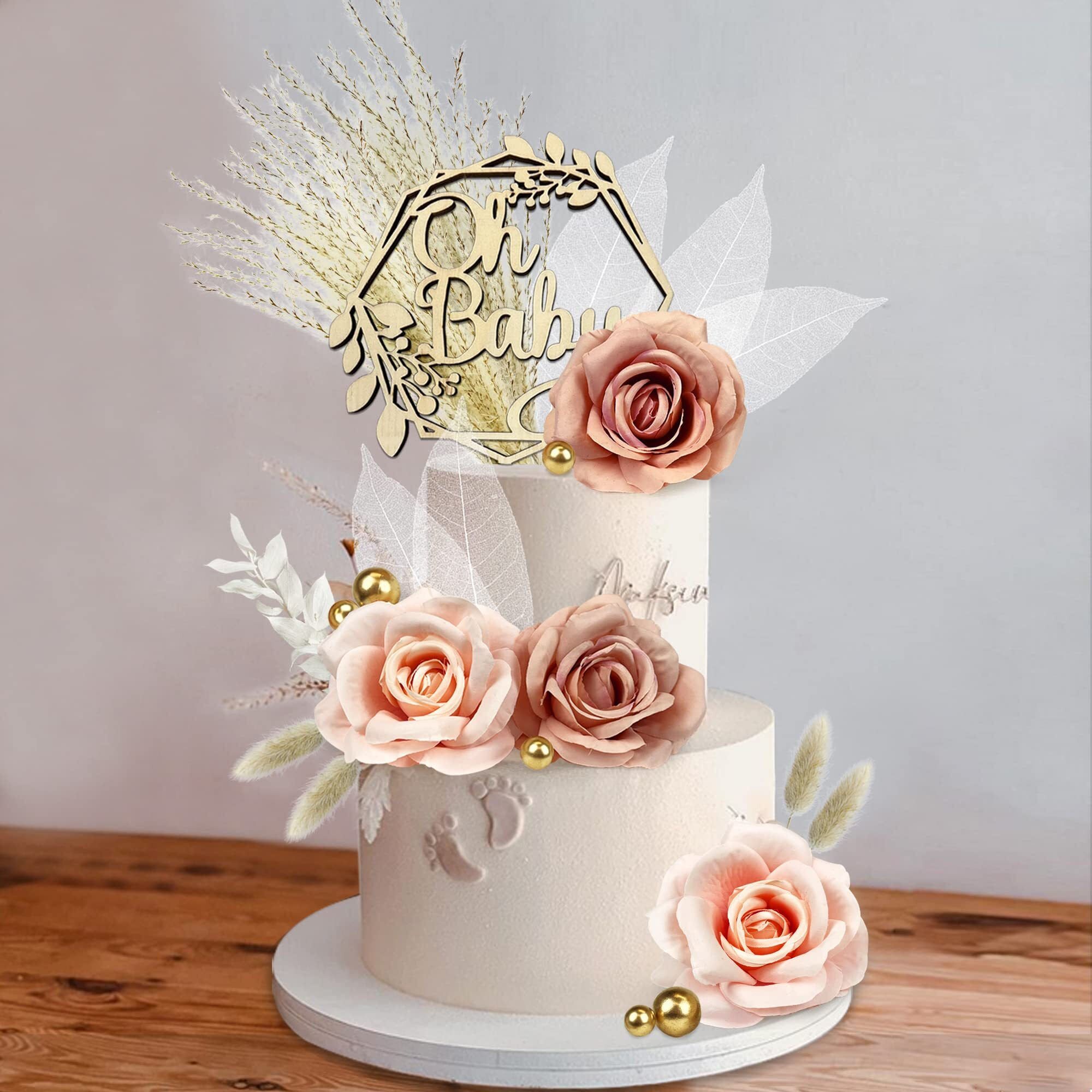26 Pcs Boho Wood Oh Baby Cake Topper Flowers Balls Cake Topper Decorations Baby Shower Decorations For Boho Baby Shower Newborn Birthday Wedding Gender Reveal Cake Decorations