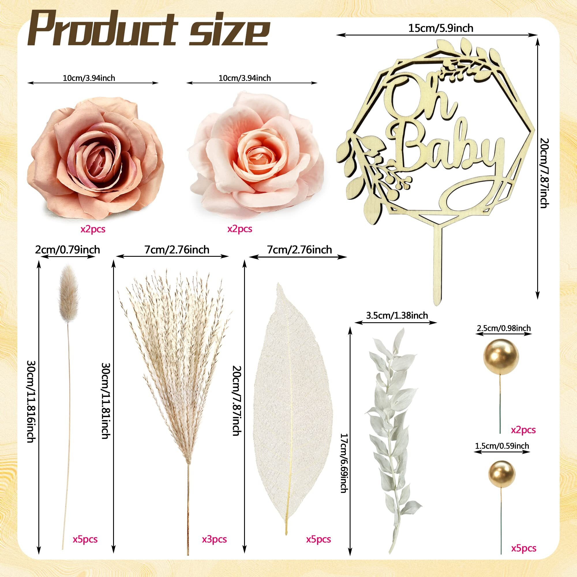 26 Pcs Boho Wood Oh Baby Cake Topper Flowers Balls Cake Topper Decorations Baby Shower Decorations For Boho Baby Shower Newborn Birthday Wedding Gender Reveal Cake Decorations
