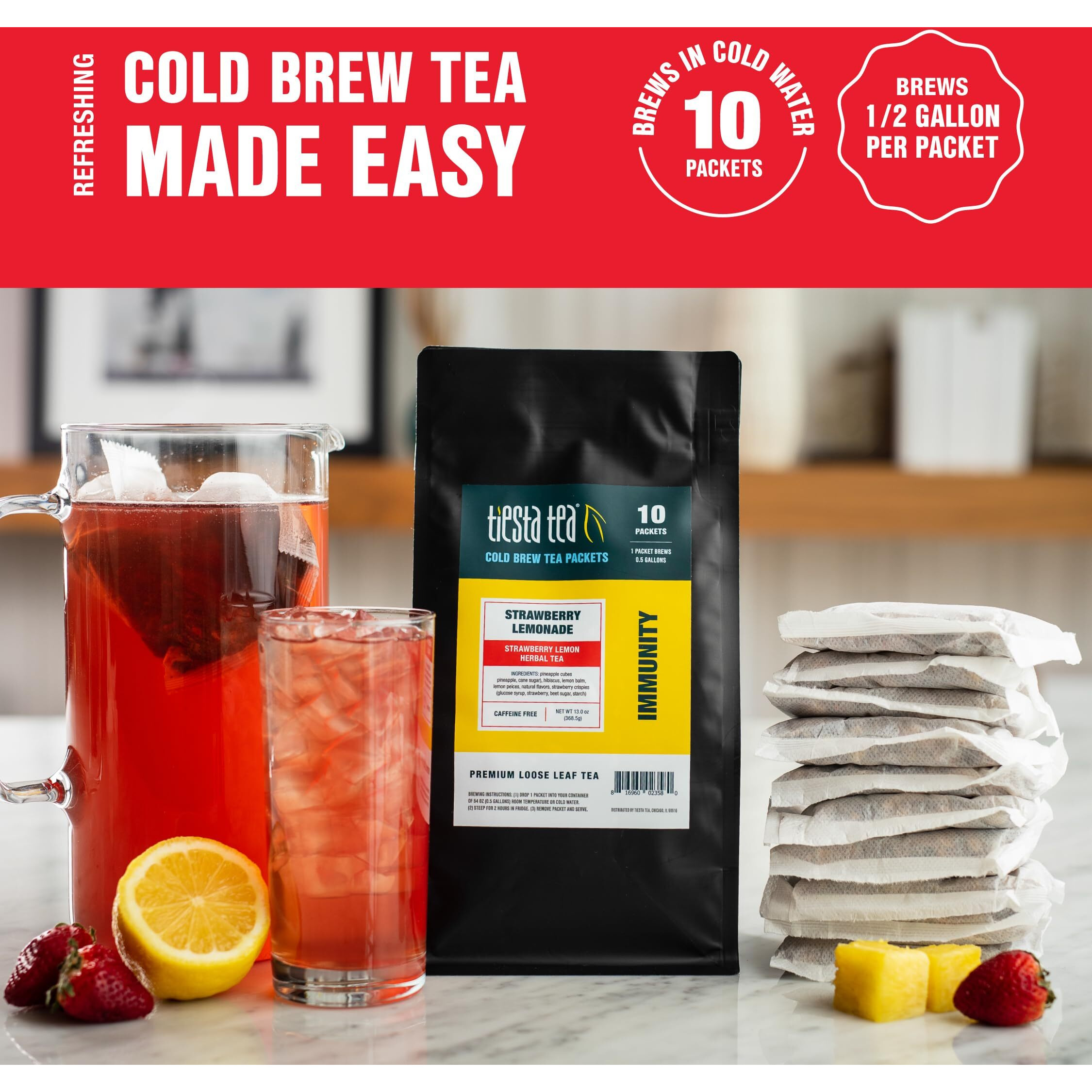 Tiesta Tea - Strawberry Lemonade Cold Brew Tea | Strawberry Lemon Herbal Tea | Premium Loose Leaf Iced Tea Blends | Non Caffeinated Iced Tea | 10 Cold Brew Tea Bags - Brews 1 64Oz Pitcher Each