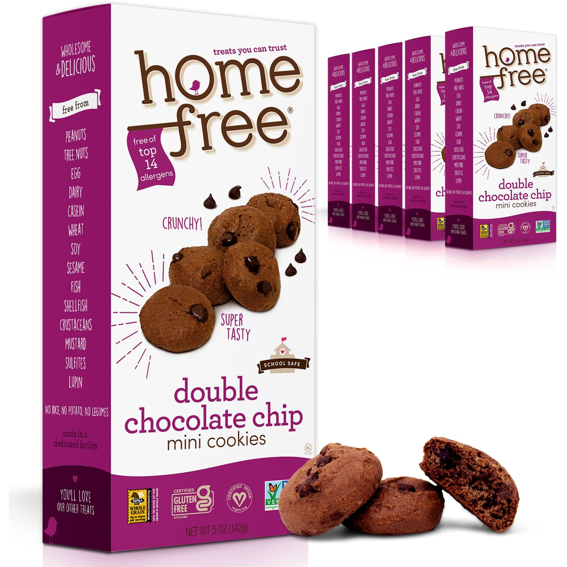 Homefree Mini Double Chocolate Chip Cookie Box, Gluten Free, Nut Free, Vegan, School Safe And Allergy Friendly Snack, 5 Oz. Box (Pack Of 6)