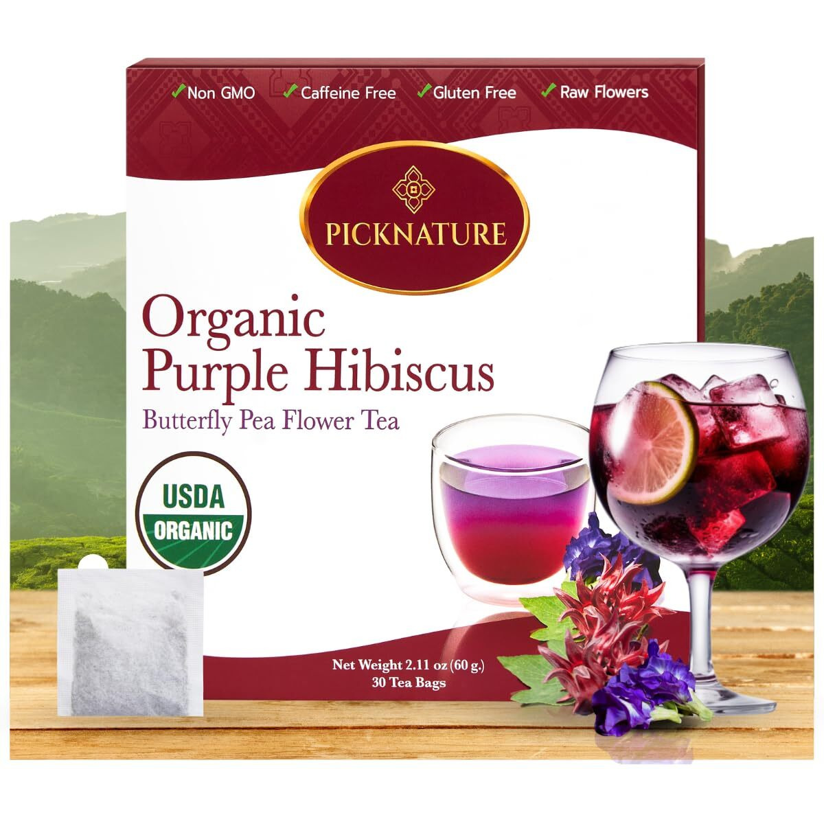 Picknature Purple Hibiscus Tea And Butterfly Pea Flower Tea Bag Leaf Freshly Picked From Thailand | 30 Tea Bags (100+ Cups) | Herbal Tea Gifts | Usda Organic