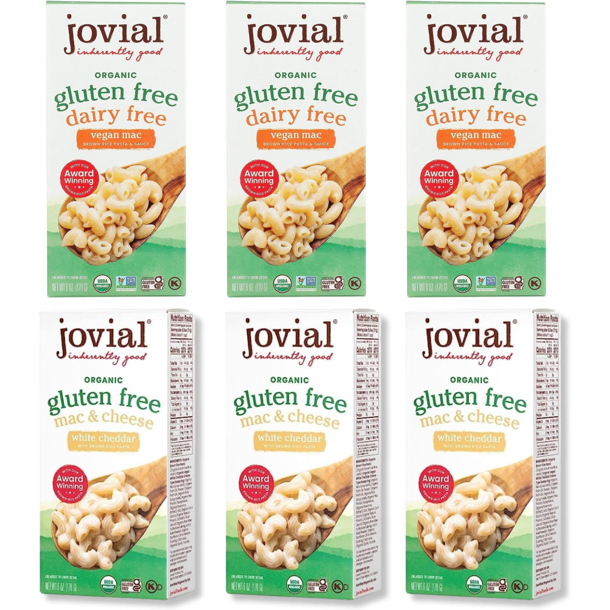 Jovial Organic Gluten Free Mac And Cheese Variety Pack (White Cheddar, Vegan Mac) - Whole Grain And Organic Pasta, White Cheddar Macaroni And Cheese, Award Winning Taste, Made In Italy - 6 Oz, 6 Pack