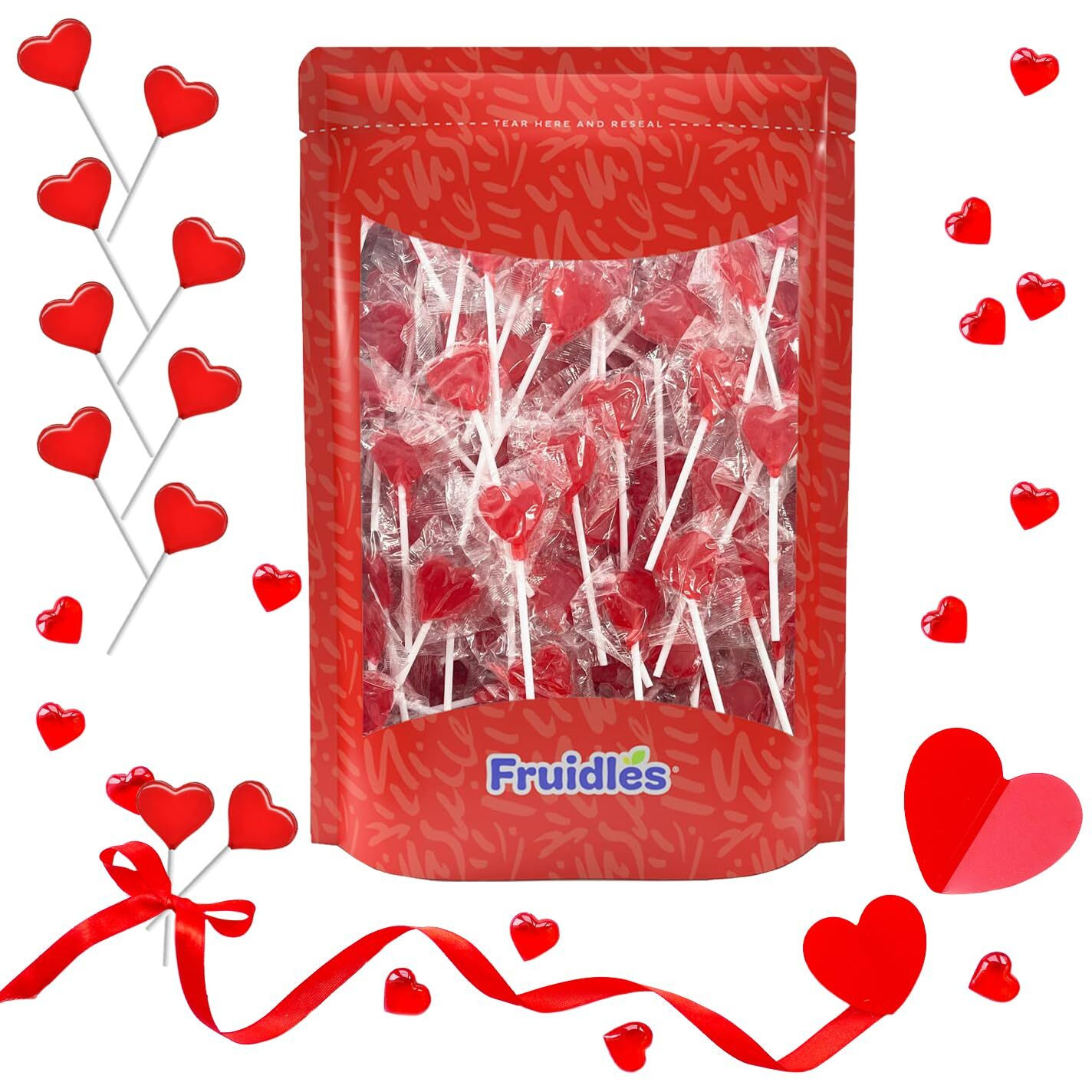 Fruidles Valentines Day Lollipops Mini Red Heart Shaped Strawberry Flavored Lollipop, Individually Wrapped, 5G Lollipops (400 Lollipops (5 Pounds (Bulk)))